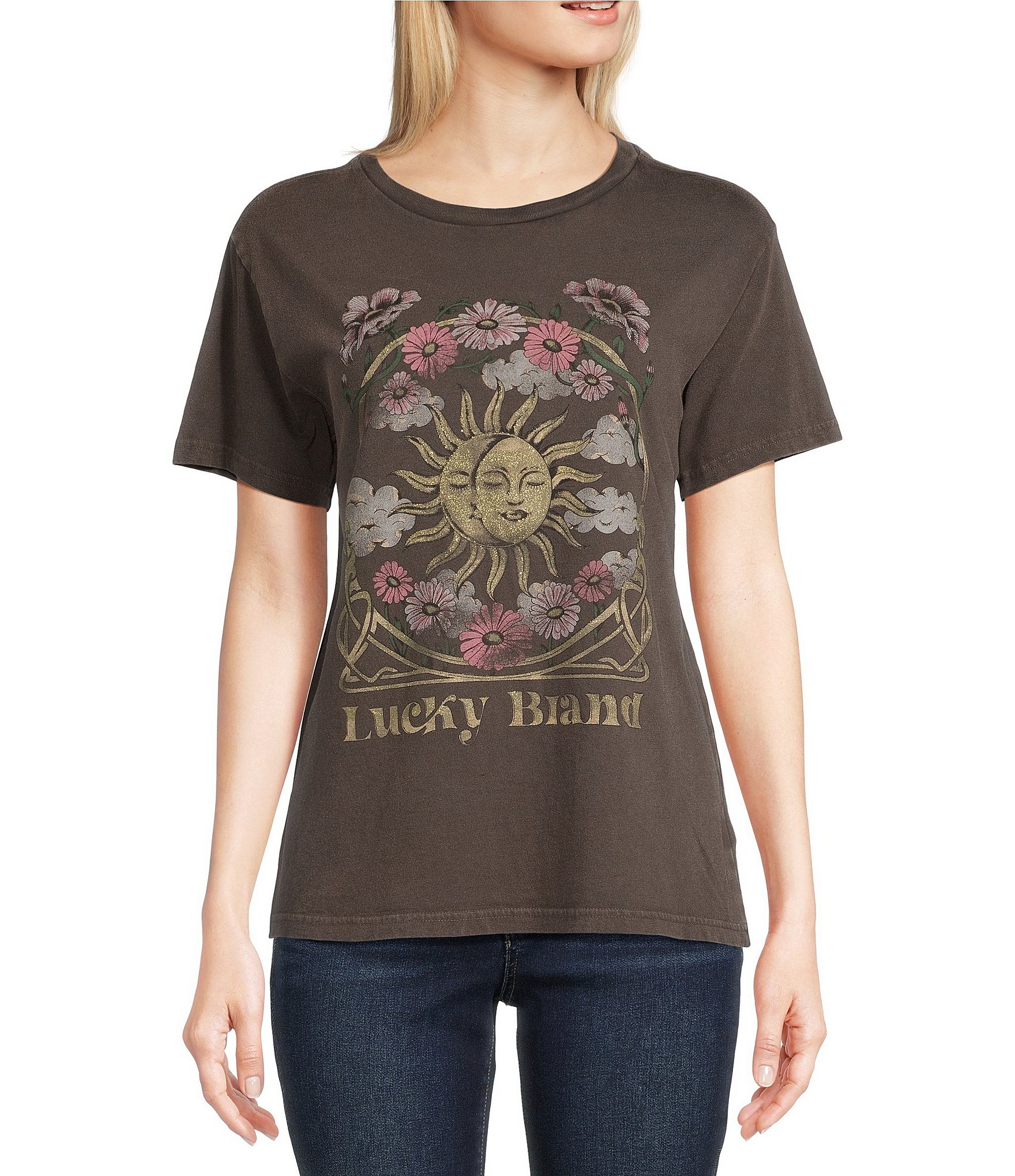 Lucky Brand Celestial Graphic Print Crew Neck Short Sleeve Relaxed Fit Tee  Shirt