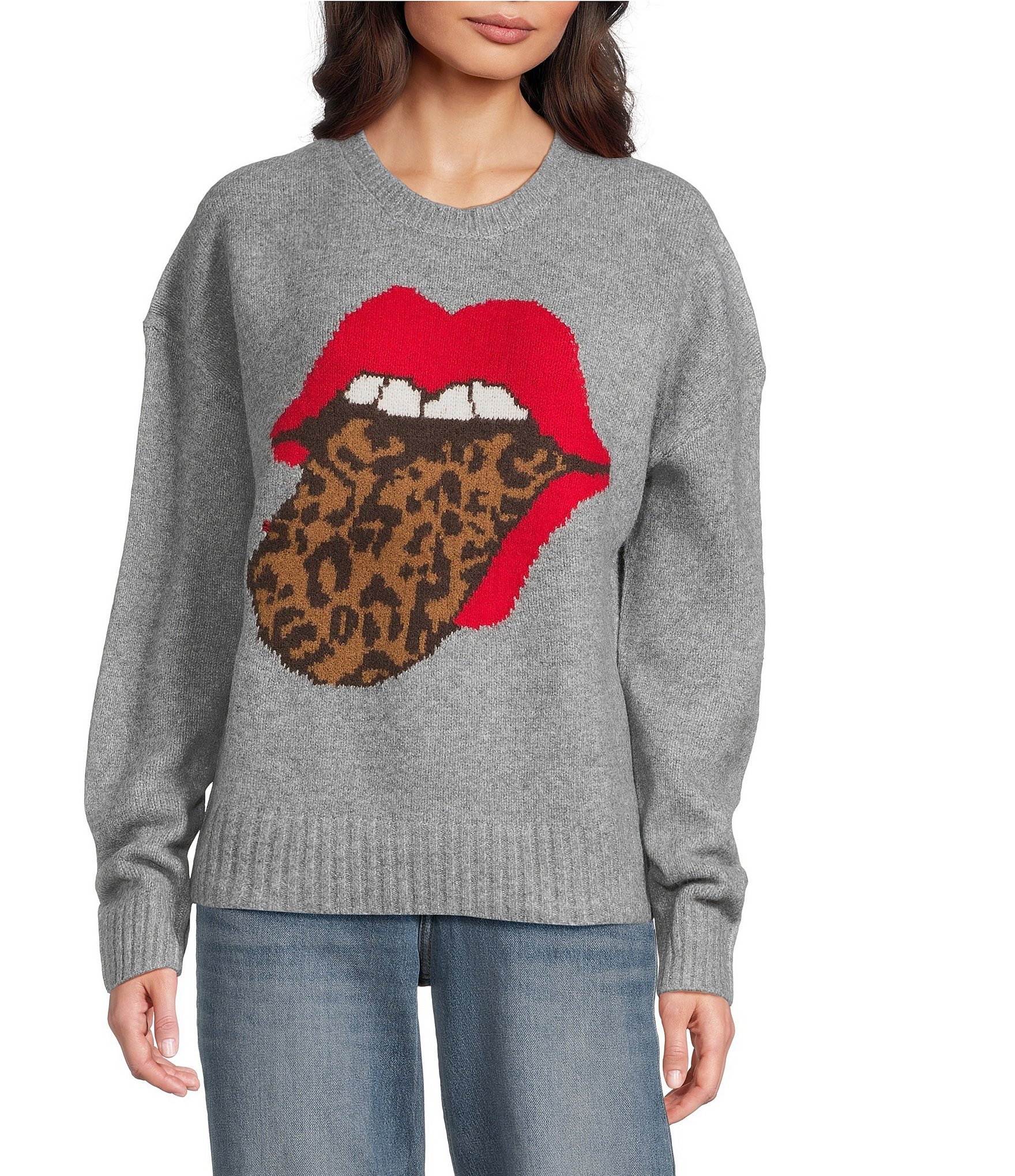 Lucky Brand Cloudsoft Knit Rolling Stones Leopard Print Pullover Sweater