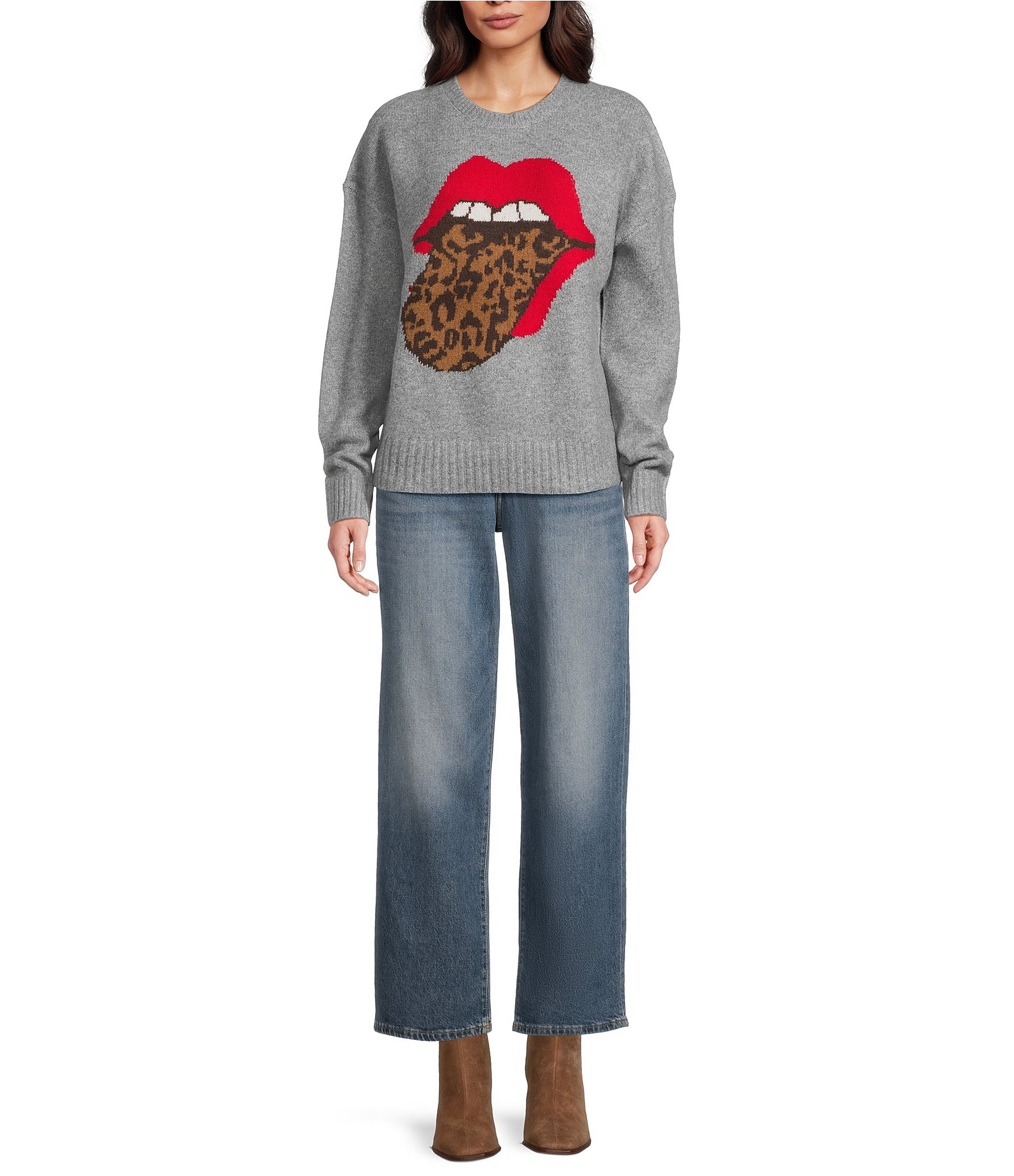 Lucky Brand Cloudsoft Knit Rolling Stones Leopard Print Pullover Sweater