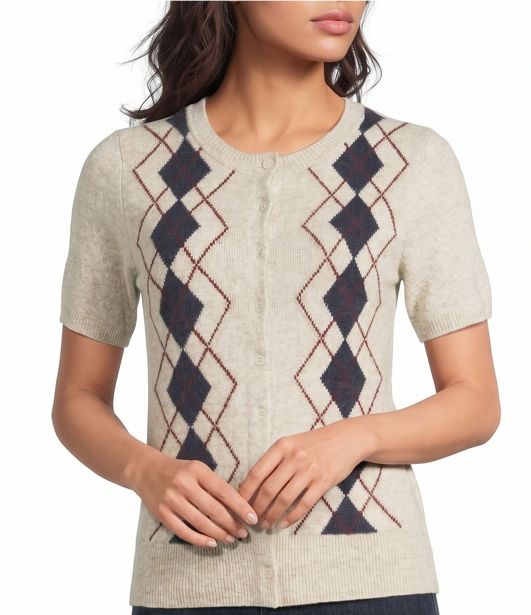 Lucky Brand Knit Argyle Design Round neck Short Sleeve Sweater Tee