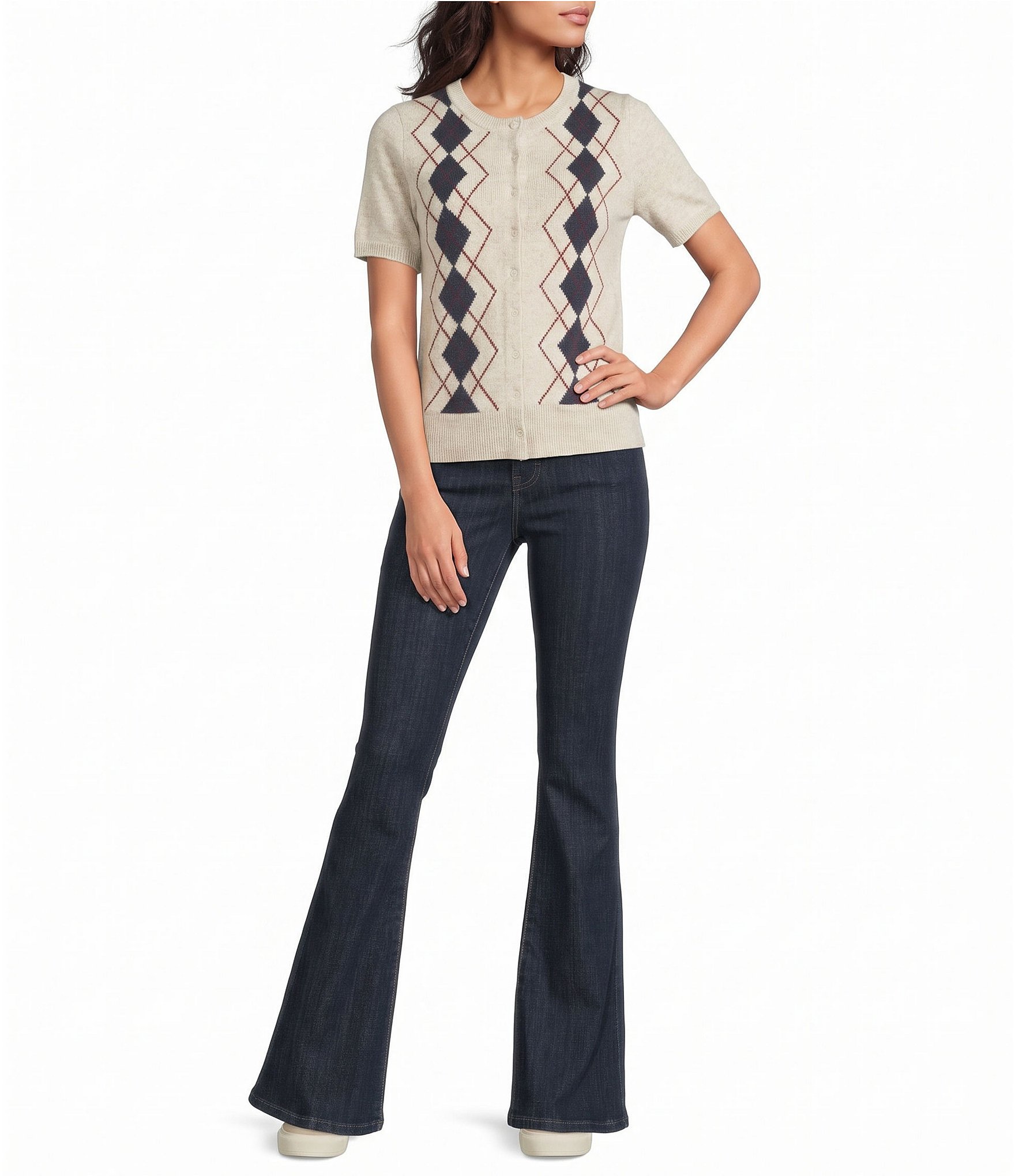 Lucky Brand Knit Argyle Design Round neck Short Sleeve Sweater Tee