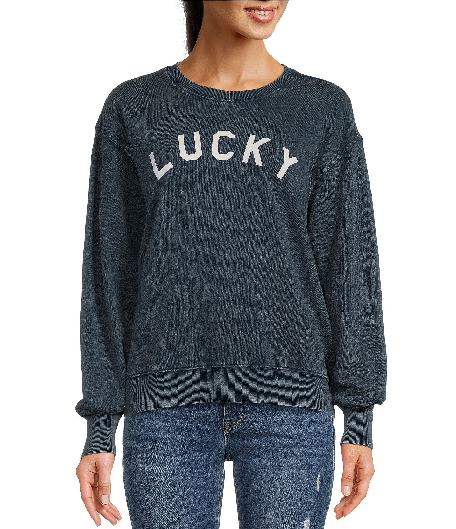 Lucky Brand Knit Crew Neck Long Sleeve Lucky Arch Pullover Sweatshirt