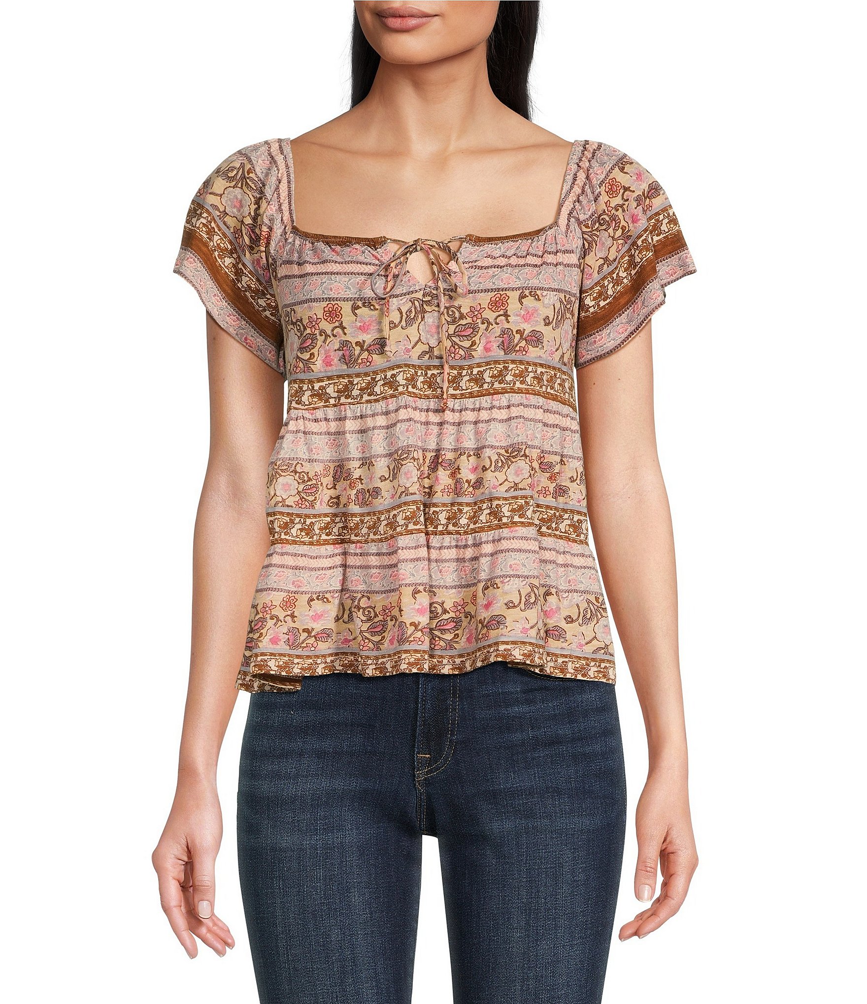 Lucky Brand Knit Print Mix Embroidered Straight Neck Short Sleeve Swing ...