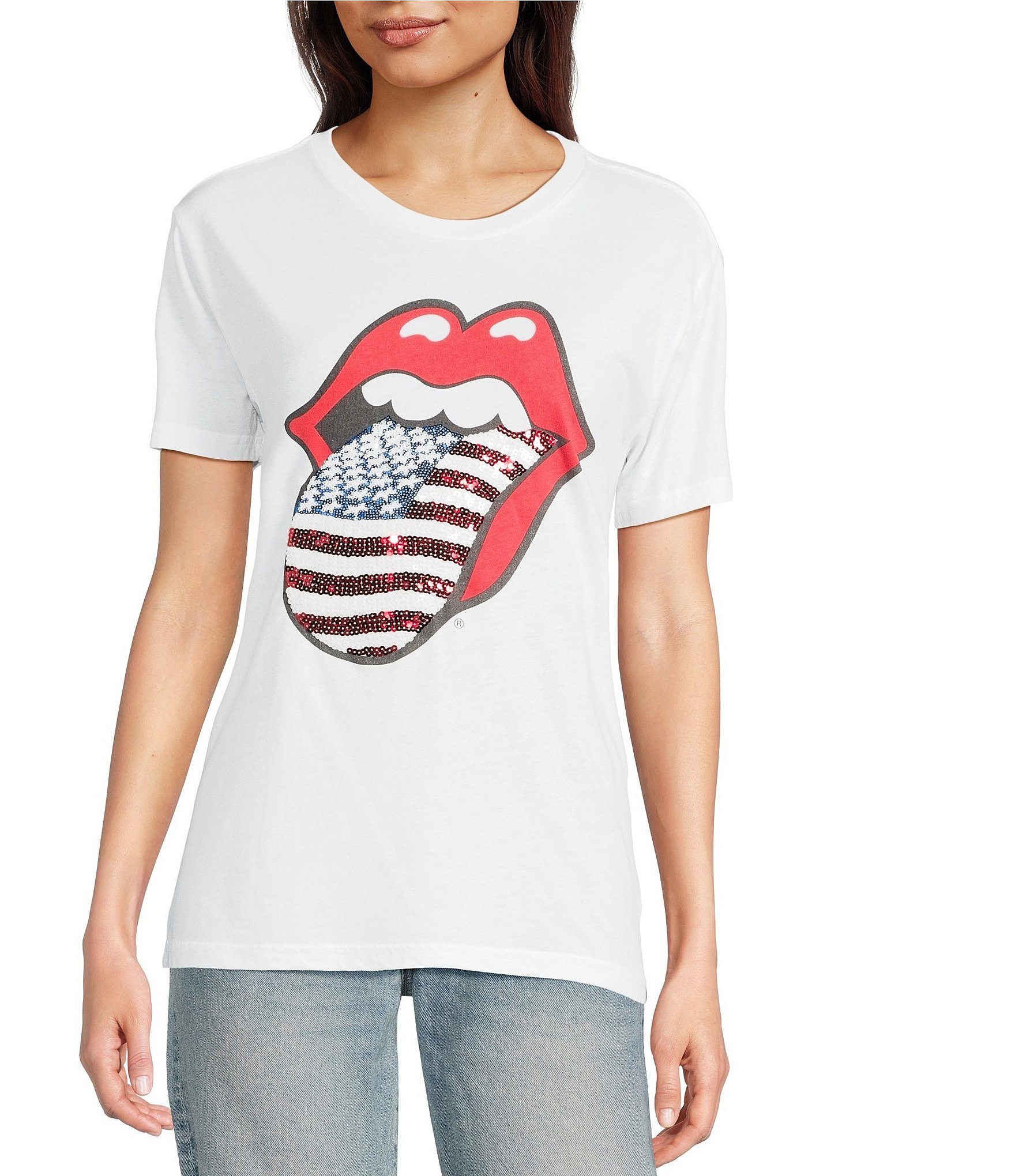 Lucky Brand Knit Rolling Stones Floral Graphic Crew Neck Short Sleeve Tee