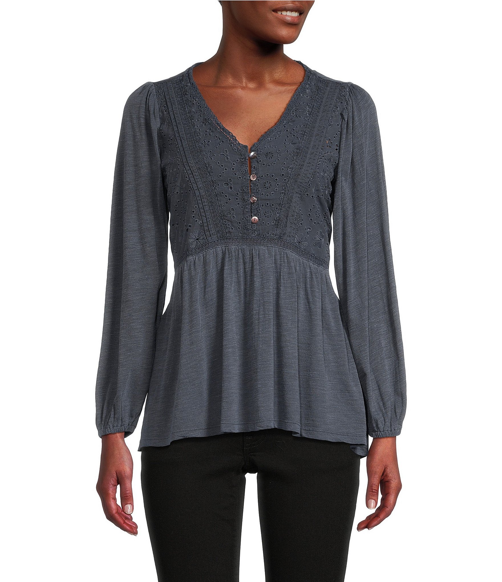 Lucky Brand Embroidered Square Neck Short Flutter Sleeve Top | Dillard's