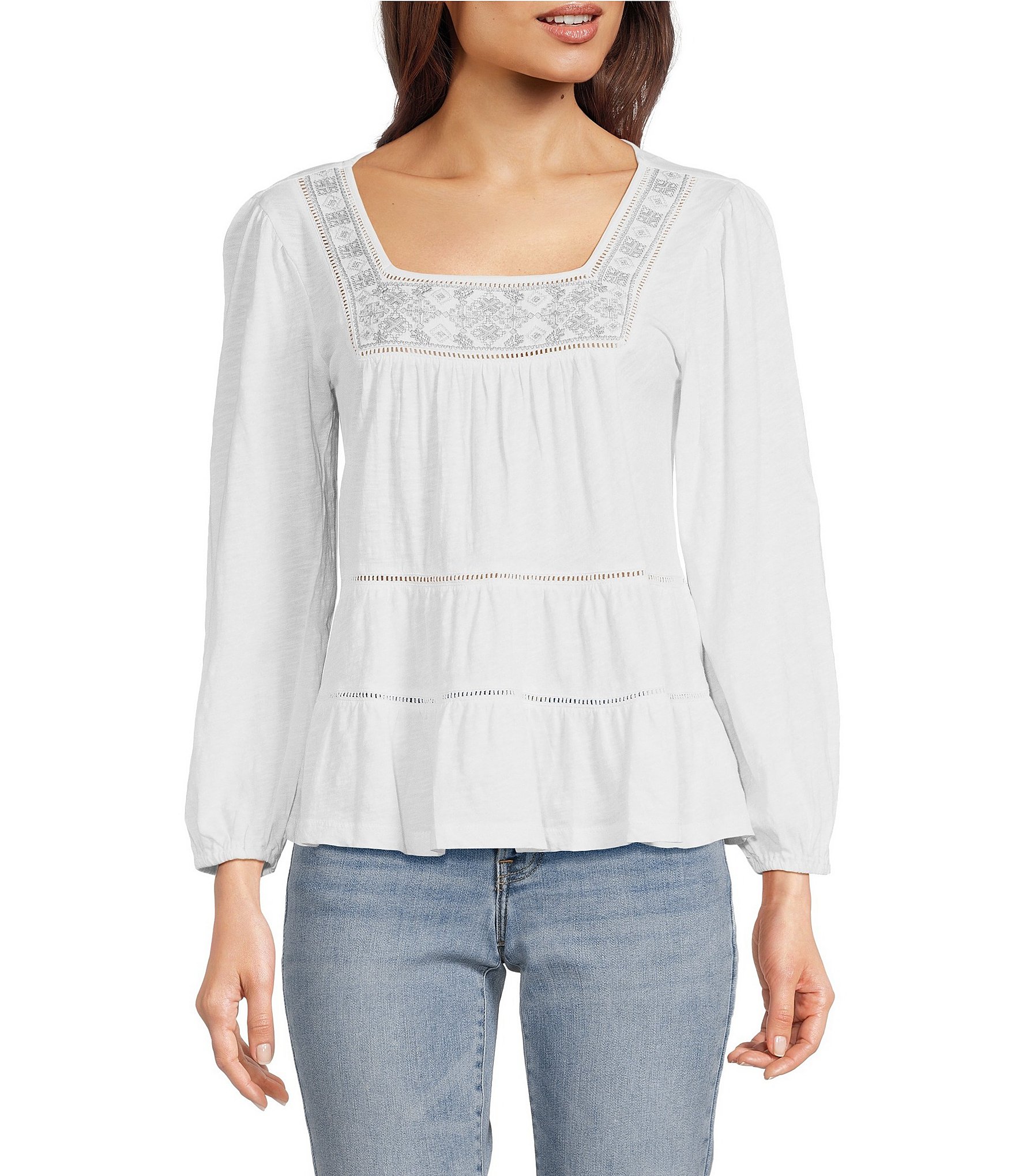 Lucky Brand Lace Square Neck Long Sleeve Embroidered Tiered Lucky Brand Lace Square Neck Long Sleeve Embroidered Tiered
