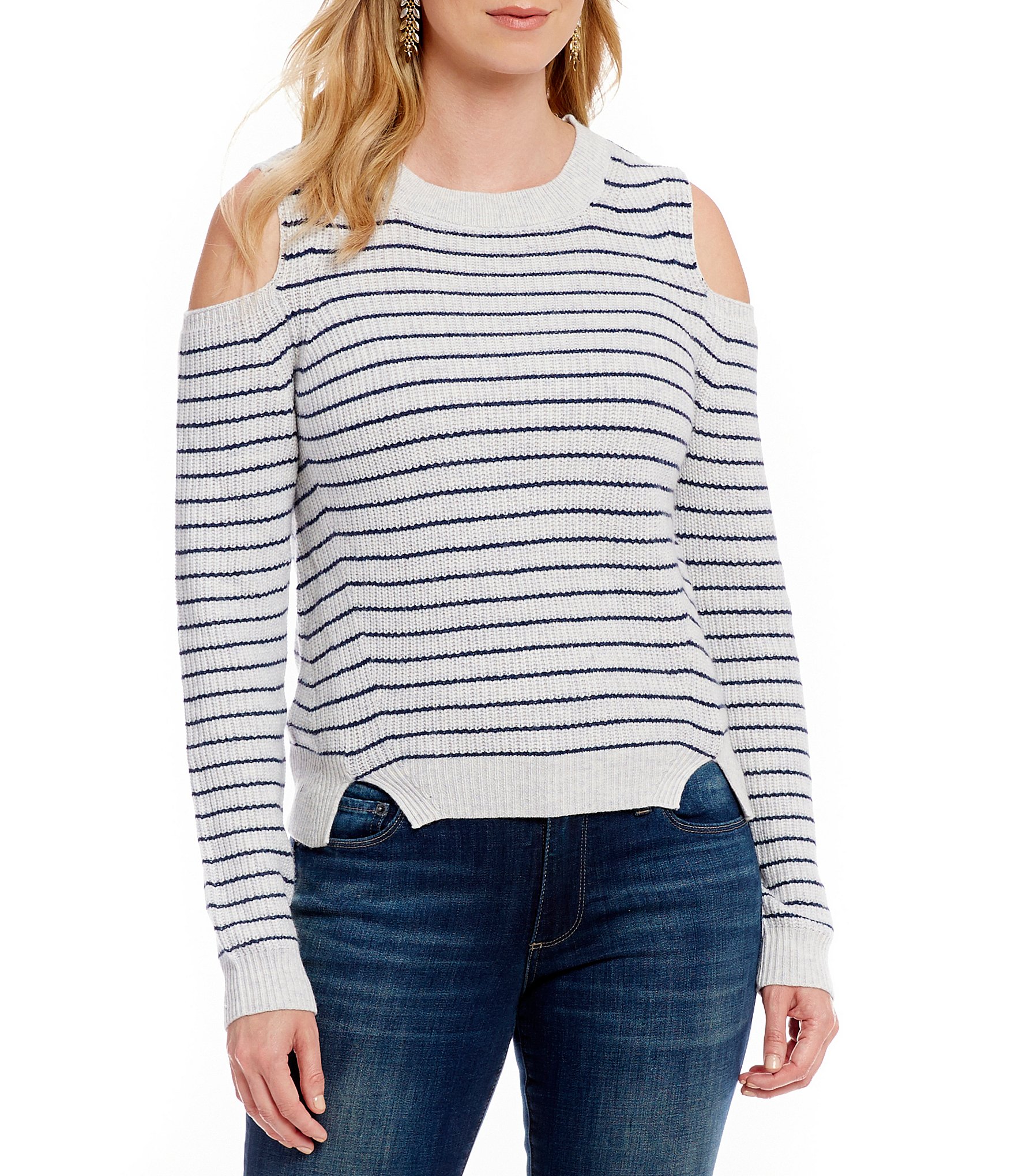 Long Sleeve Cold Shoulder Striped Sweater