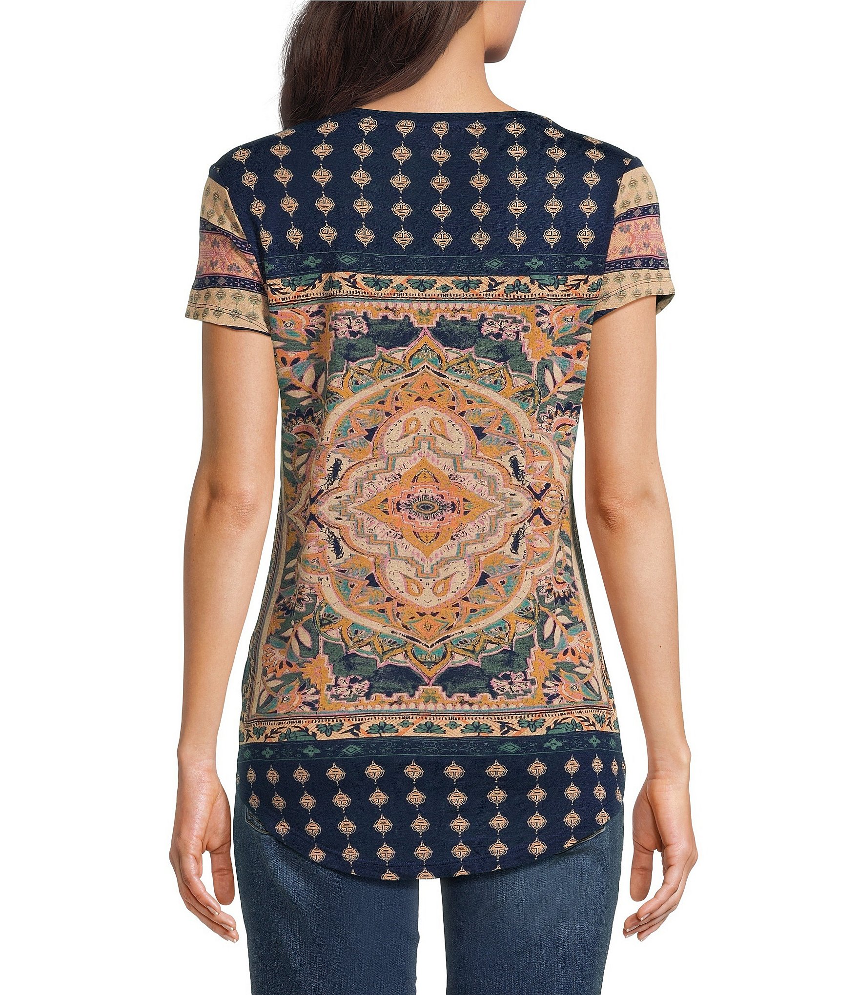 Lucky Brand Persian Carpet Graphic Scoop Neck Short Sleeve Tee Shirt