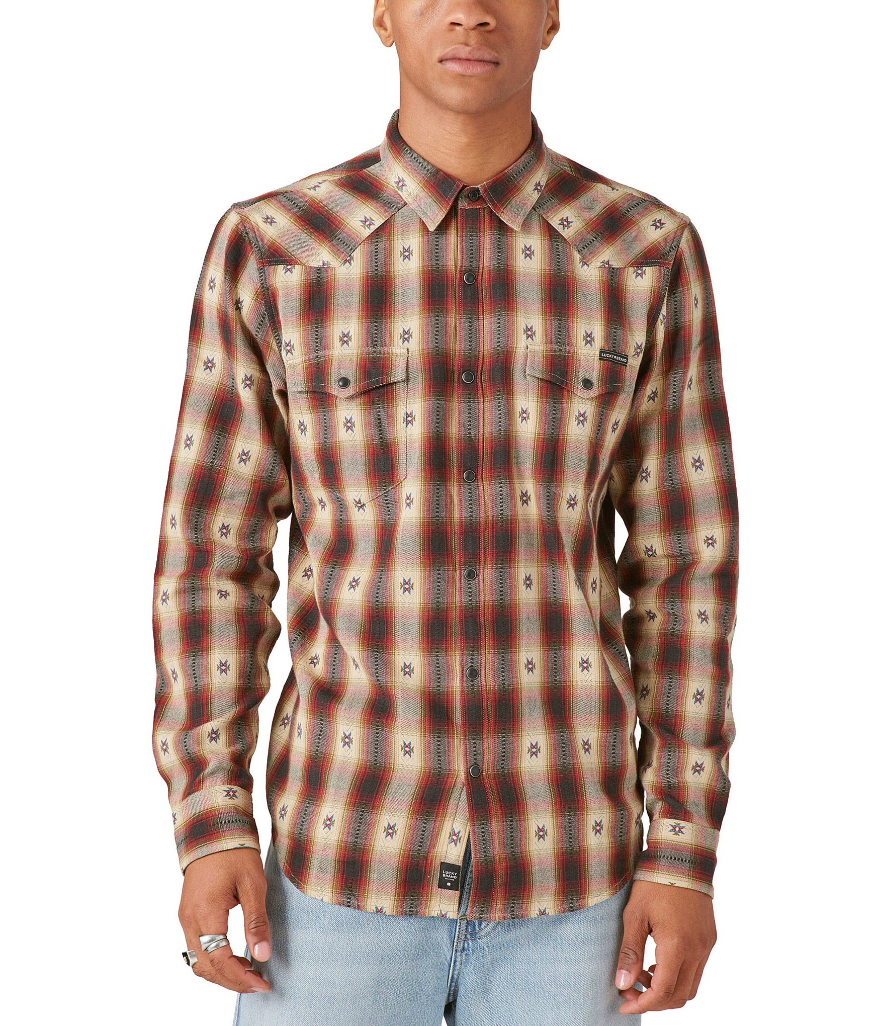 Lucky Brand Men's Plaid Dobby Western Long Sleeve Shirt, Red Plaid