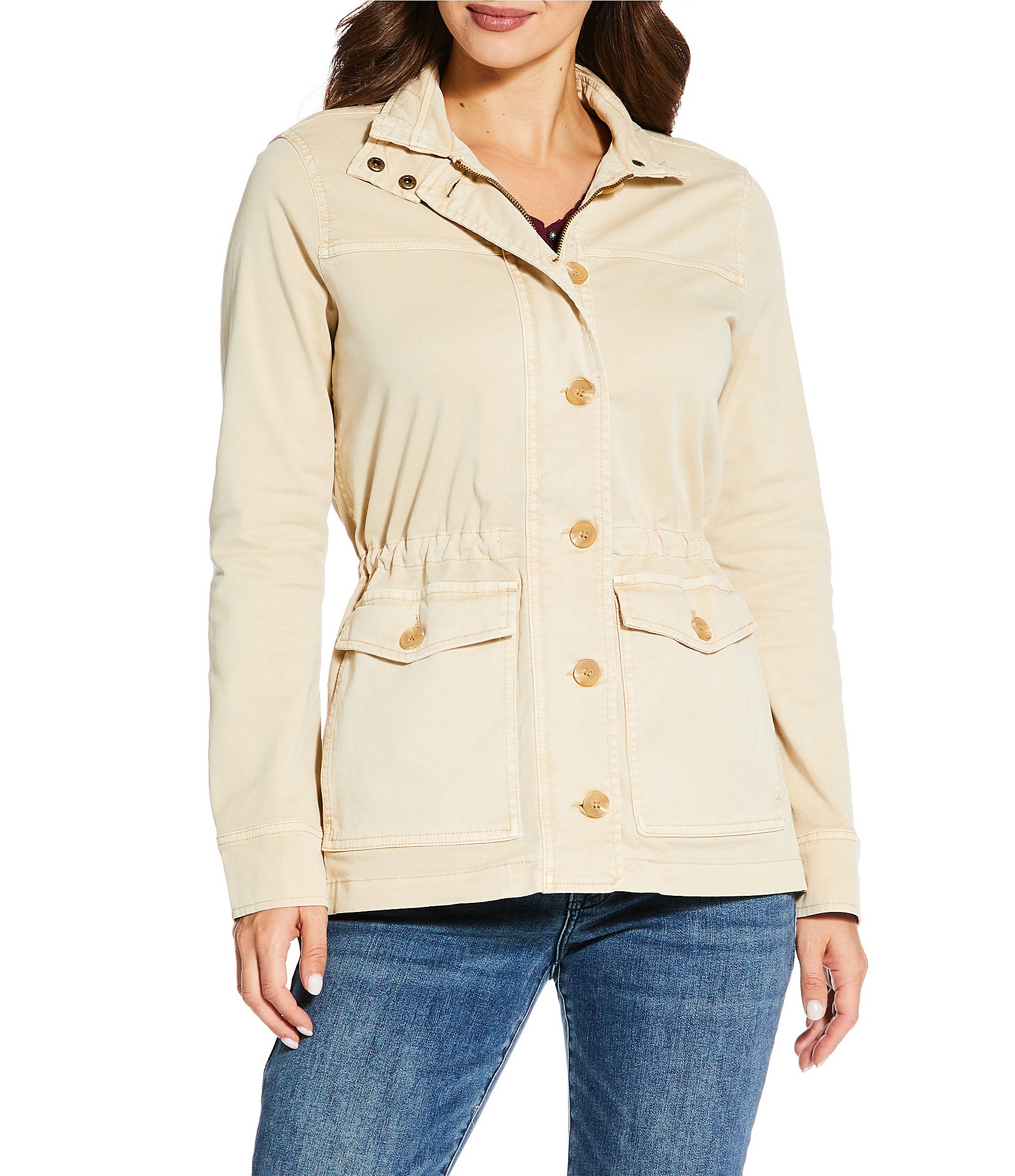 Lucky Brand Point Collar Long Sleeve Drawstring Waist Patch Pocket Button Front Utility Jacket