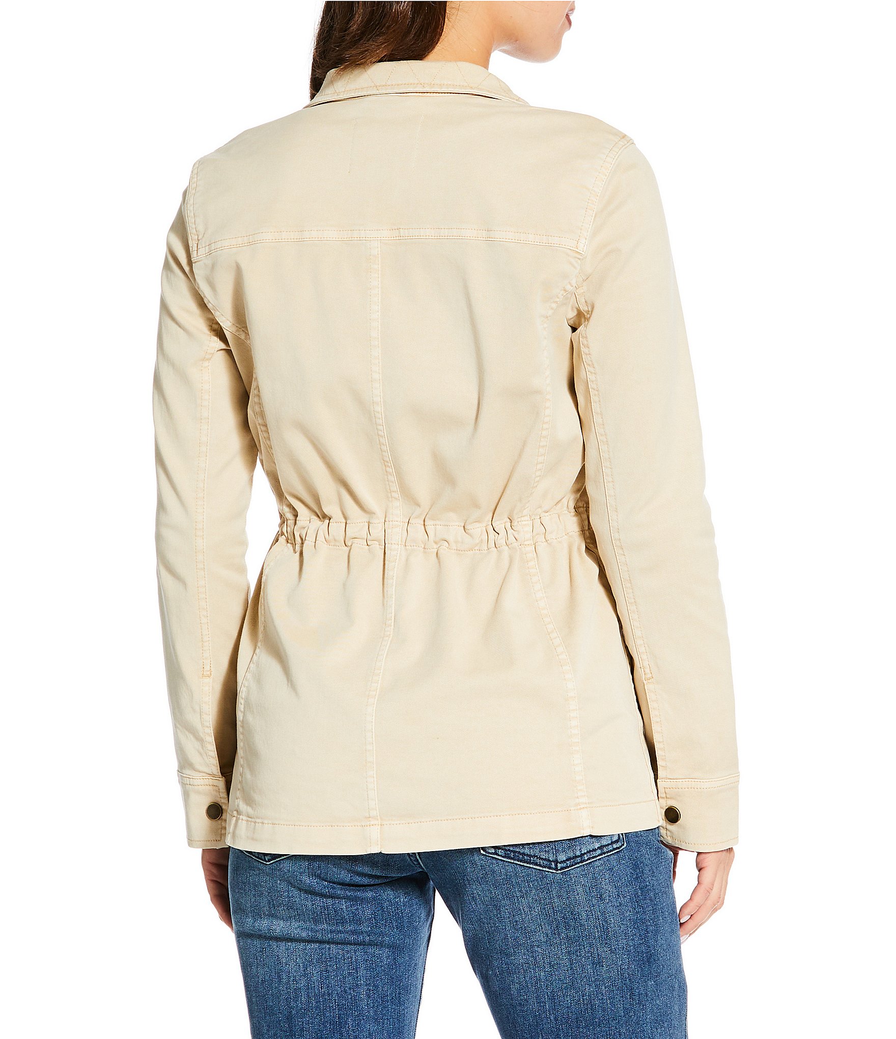 Lucky Brand Point Collar Long Sleeve Drawstring Waist Patch Pocket Button Front Utility Jacket