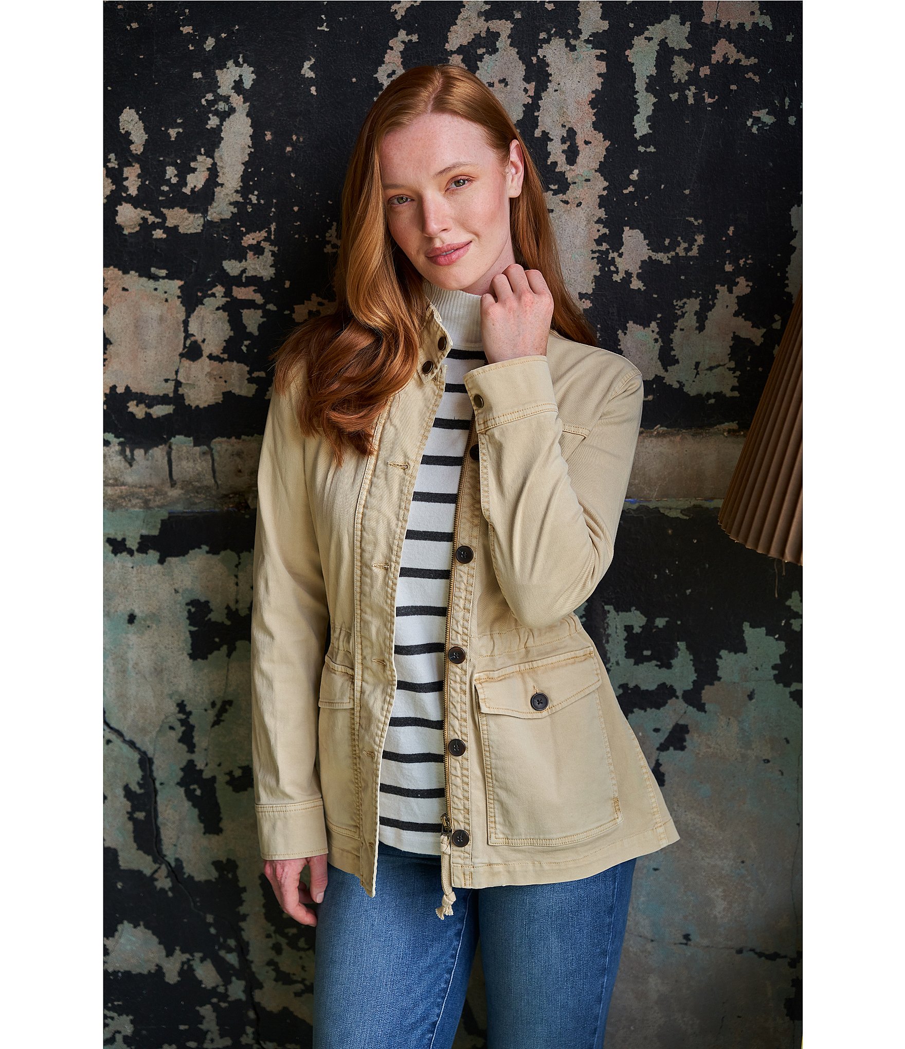 Lucky Brand Point Collar Long Sleeve Drawstring Waist Patch Pocket Button Front Utility Jacket