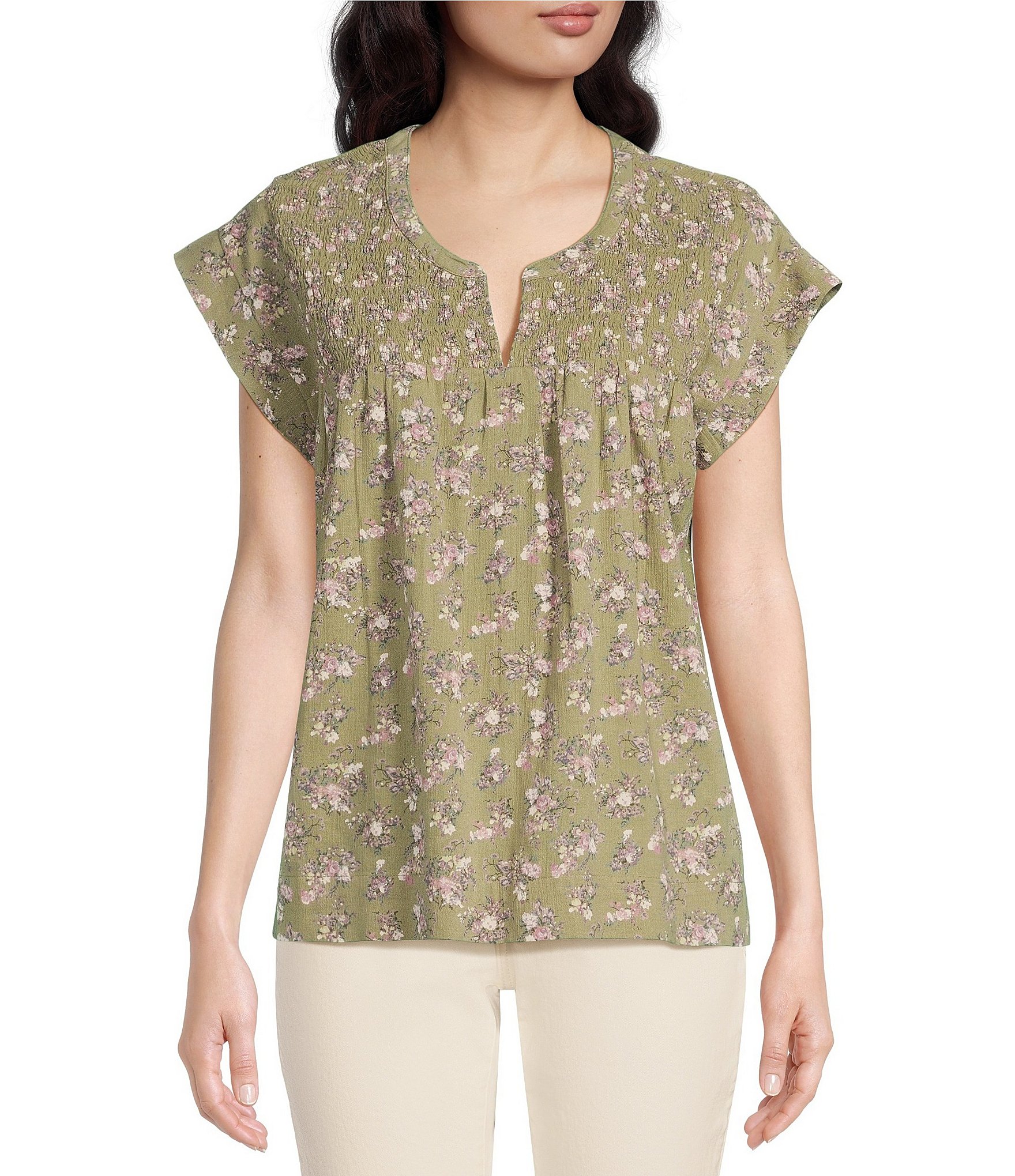 Lucky Brand Women's Square Neck Short Sleeve Top (Green Floral