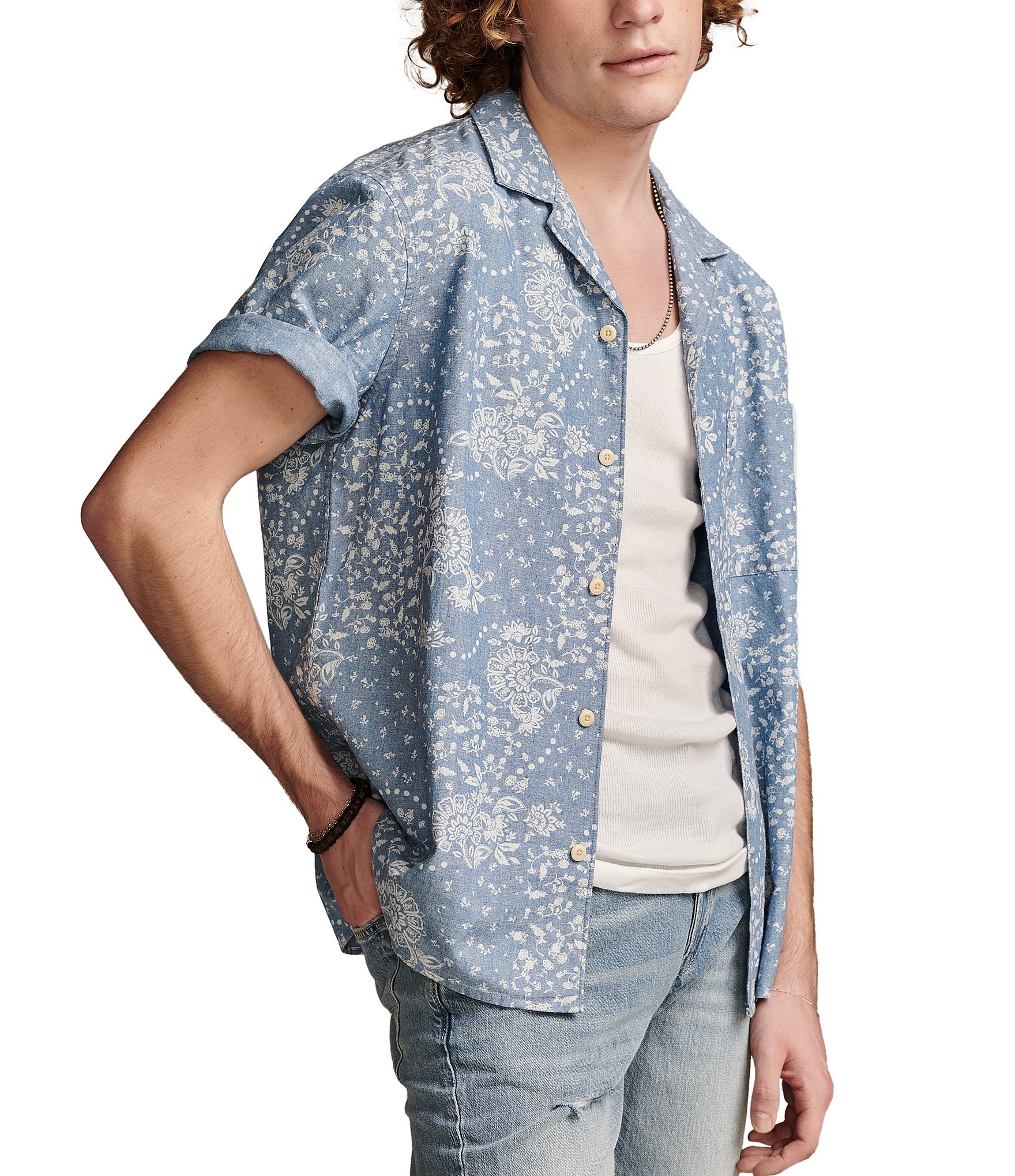 Lucky Brand Short Sleeve Printed Linen-Blend Shirt