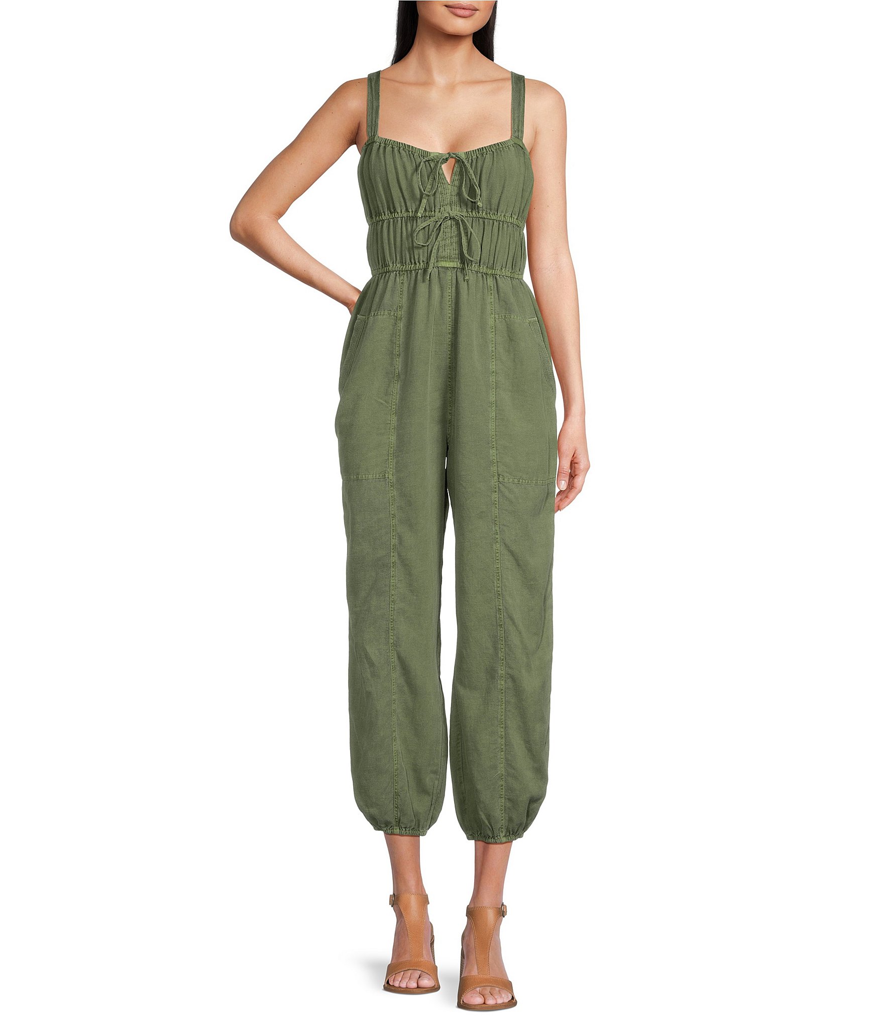 Lucky Brand Square Neck Sleeveless Spaghetti Strap Tie Front Utility  Jumpsuit