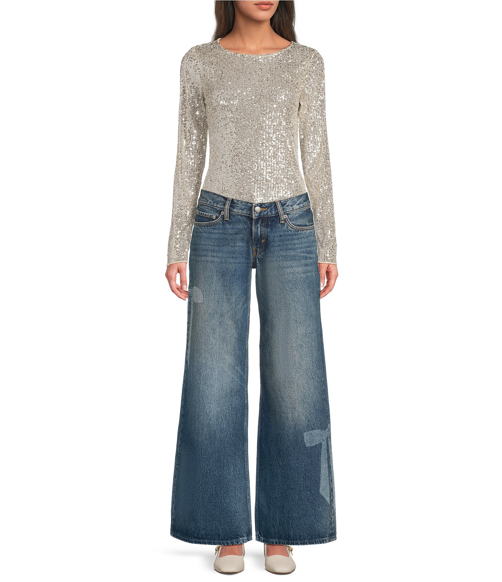 Lucky Brand Stretch Denim Low Rise Wide Leg Ankle Length Bow Jeans