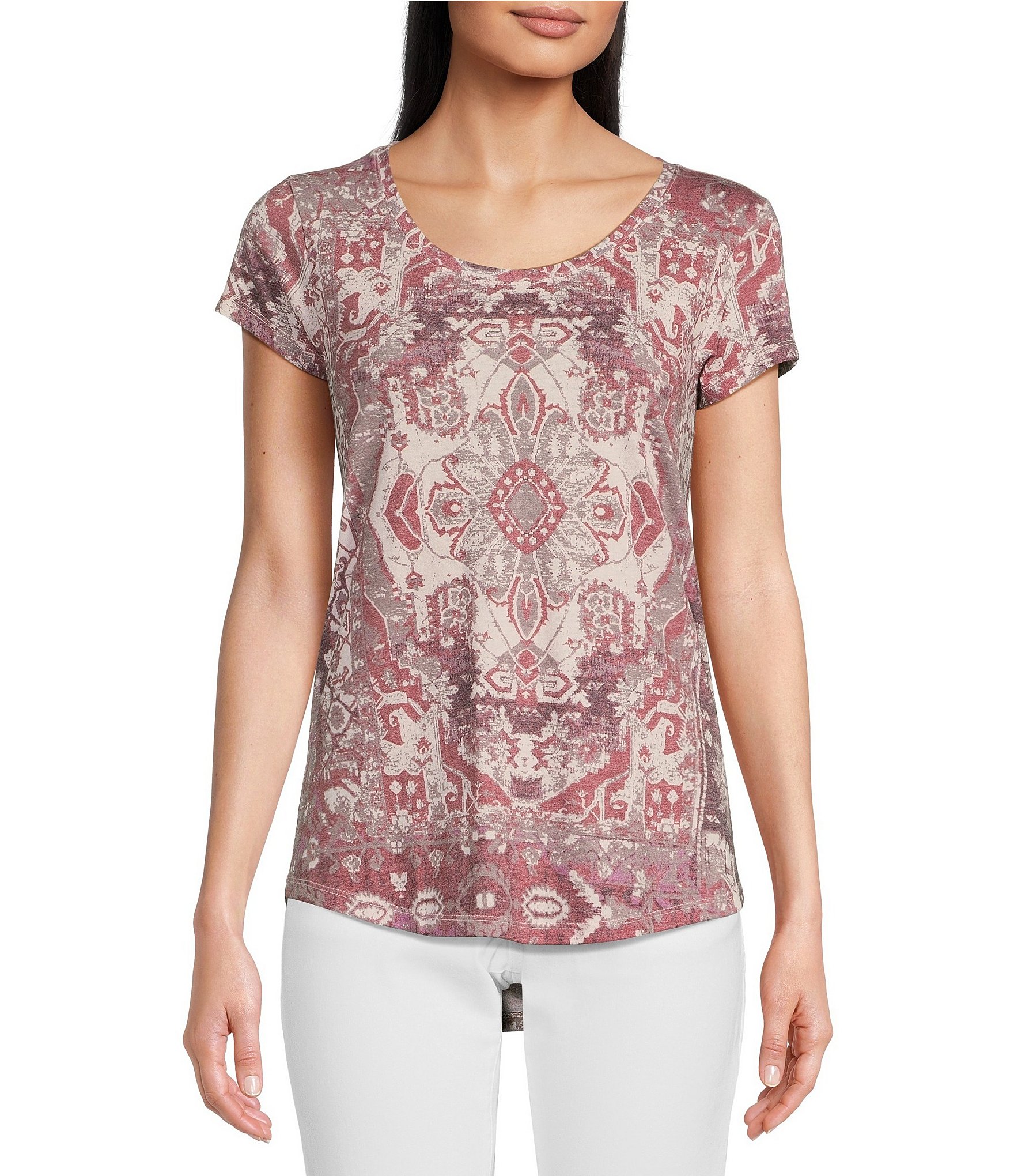 Lucky Brand Tapestry Print Scoop Neck Short Sleeve Relax Knit Tee Shirt