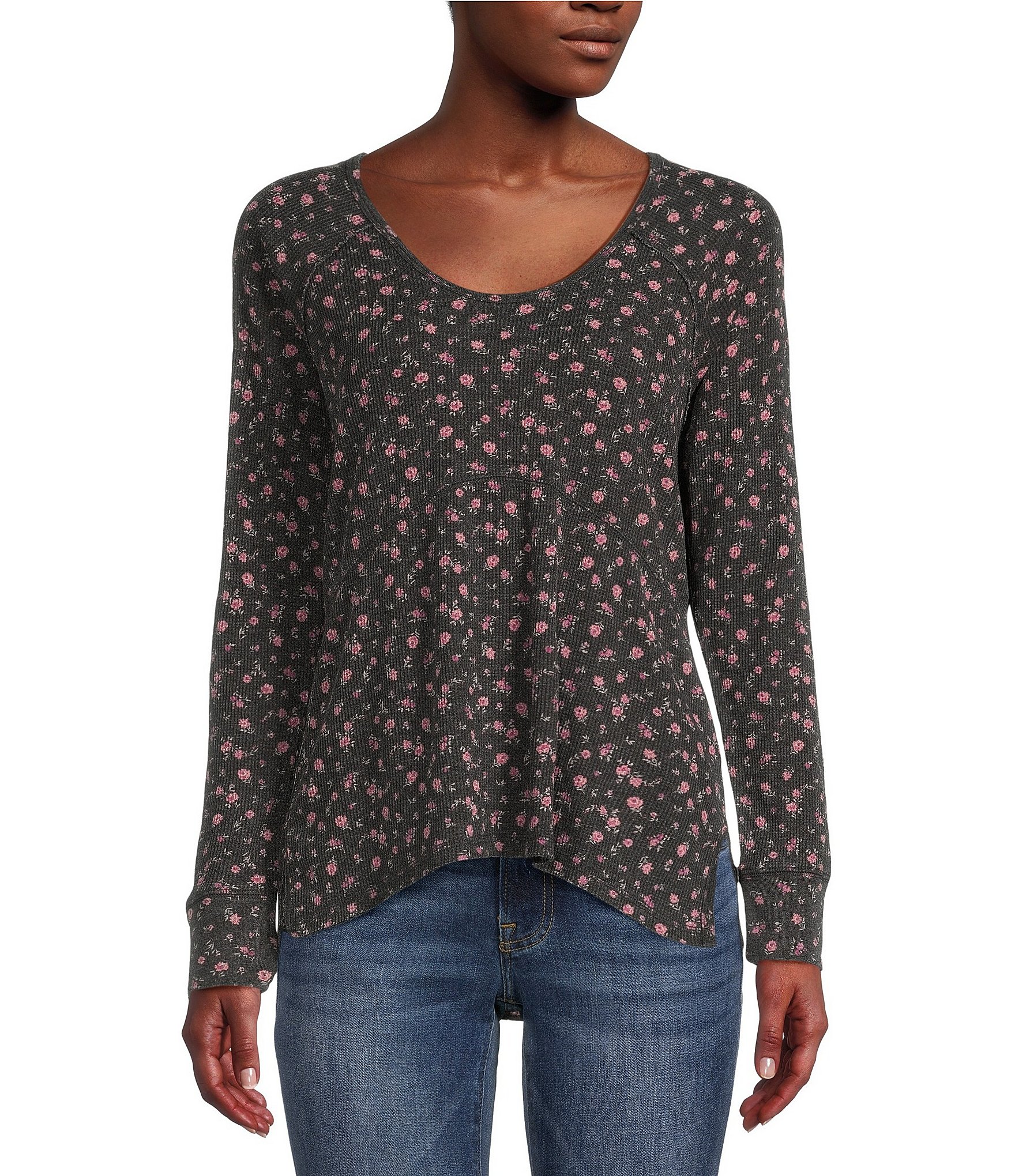 Lucky Brand Waffle Thermal Floral Knit Scoop Neck Long Sleeve High
