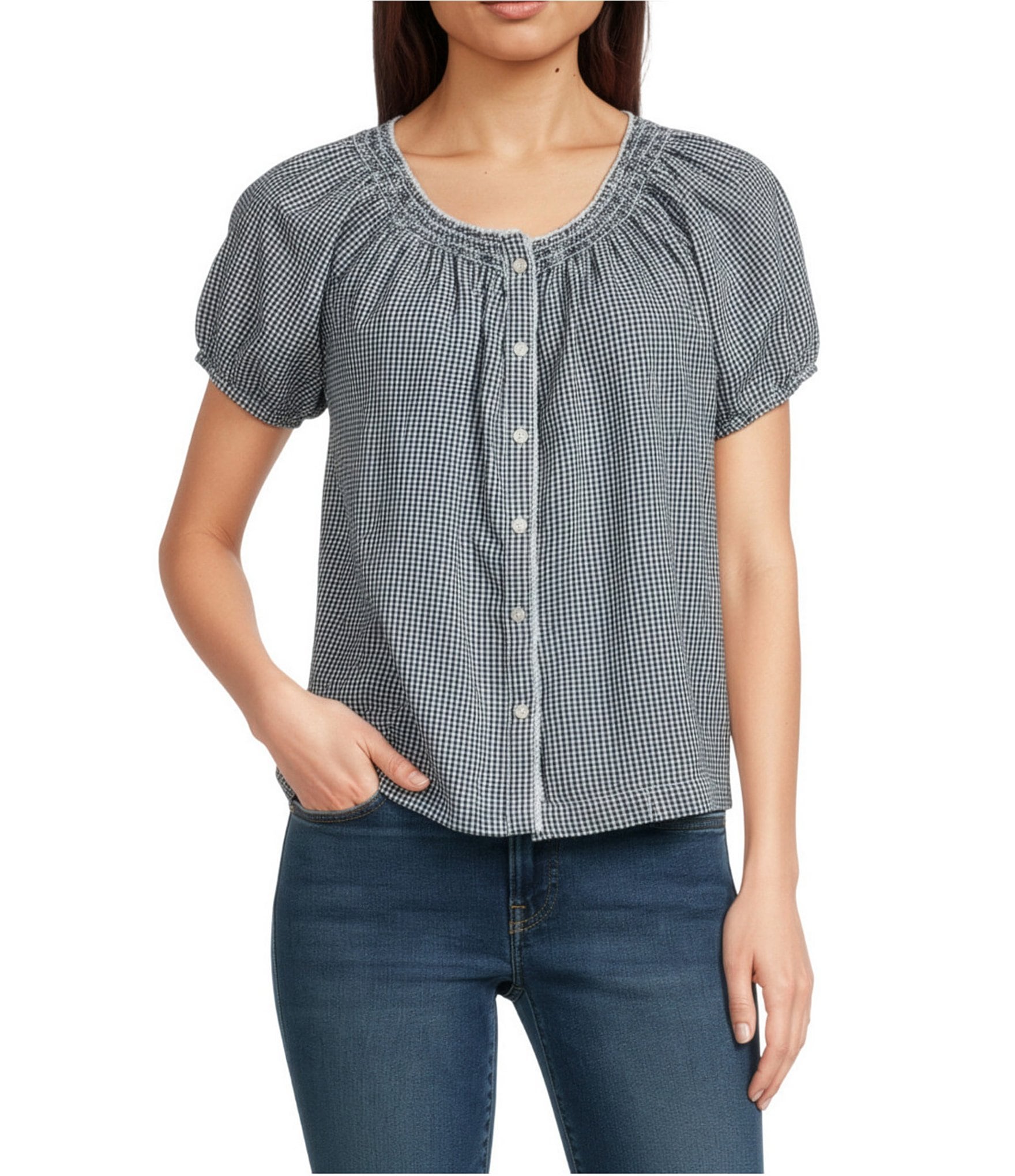 Lucky Brand Woven Gingham Round Neck Short Sleeve Top