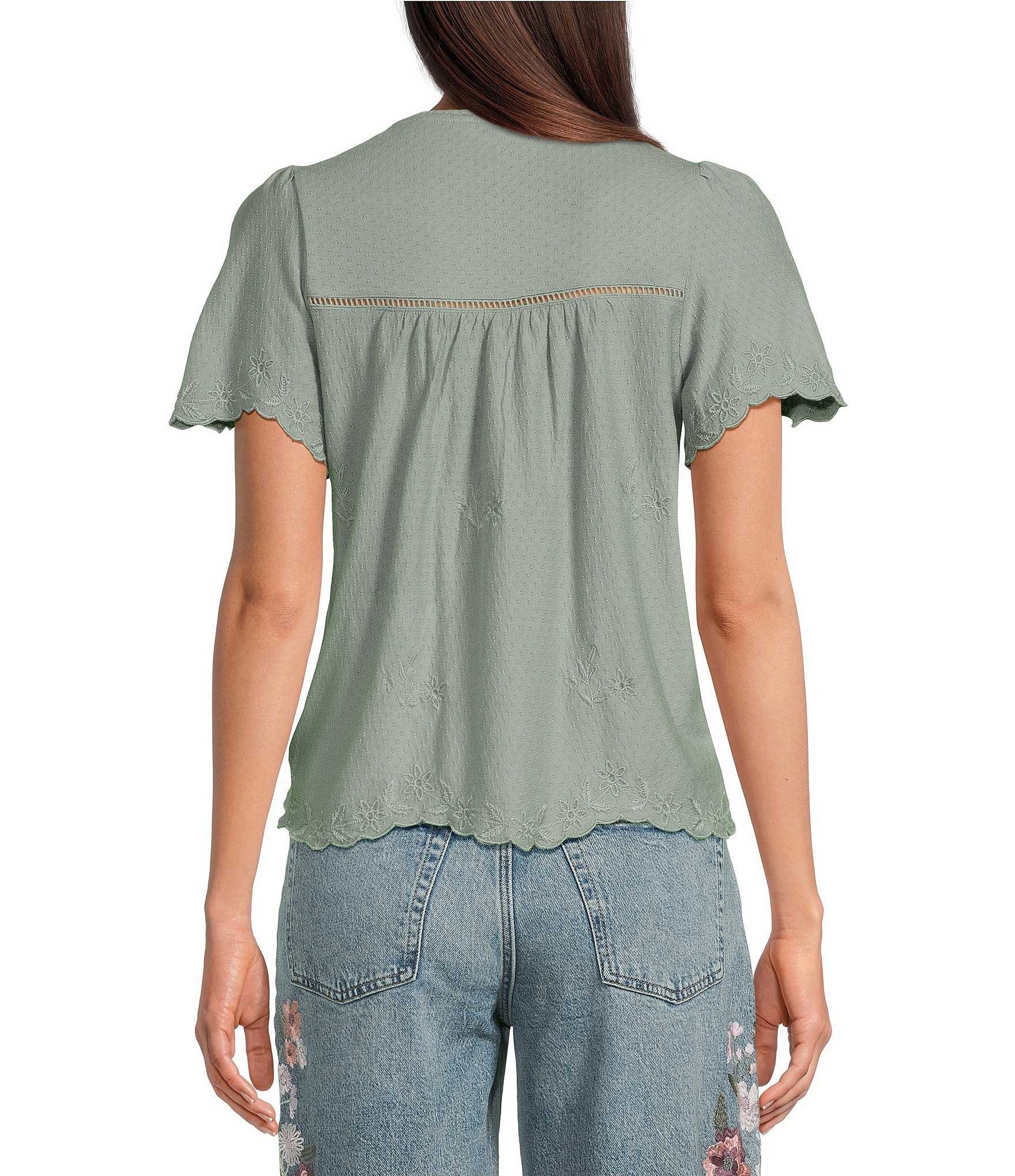 Lucky Brand Woven Split V-Neck Short Sleeve Tee
