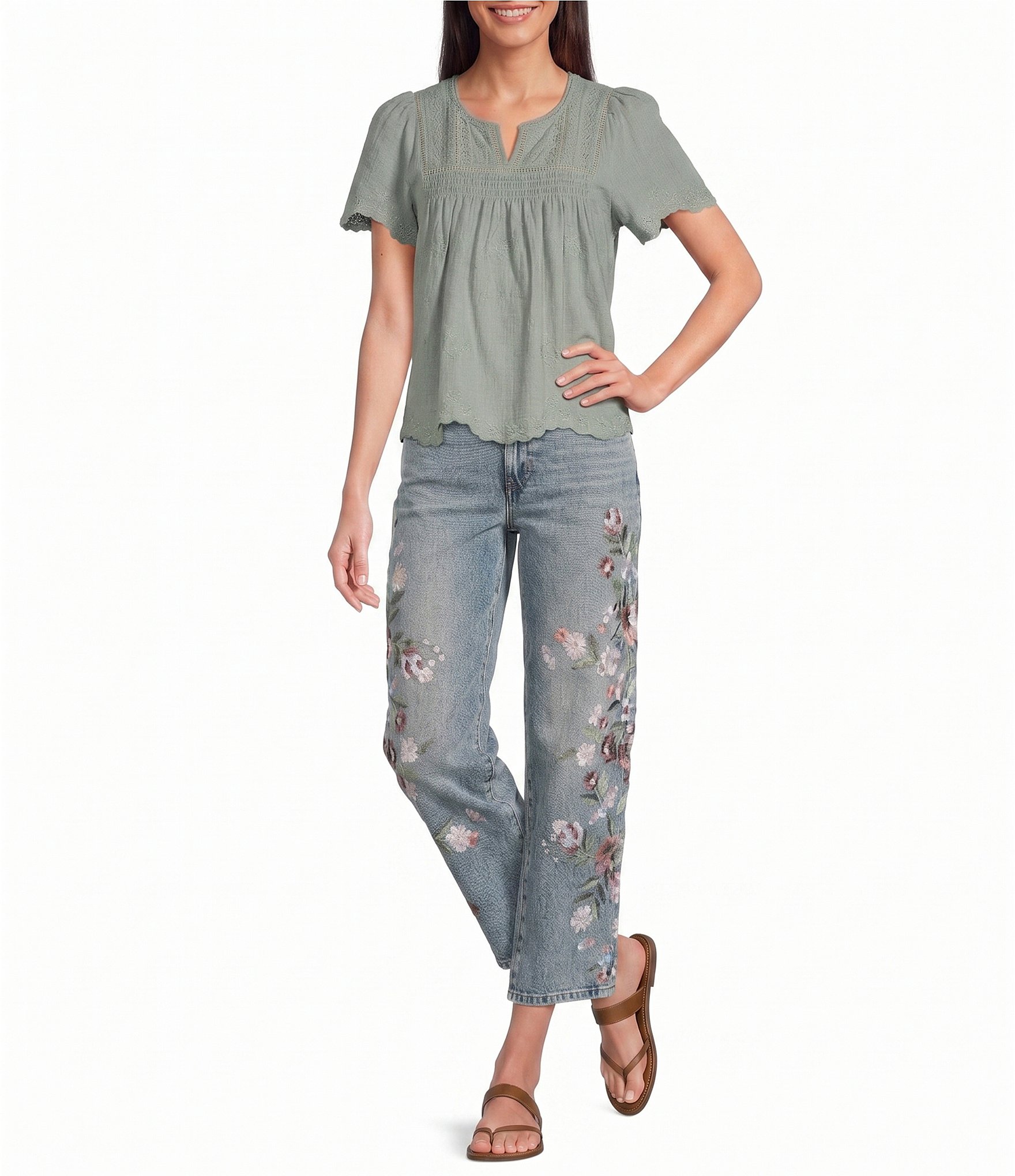Lucky Brand Woven Split V-Neck Short Sleeve Tee
