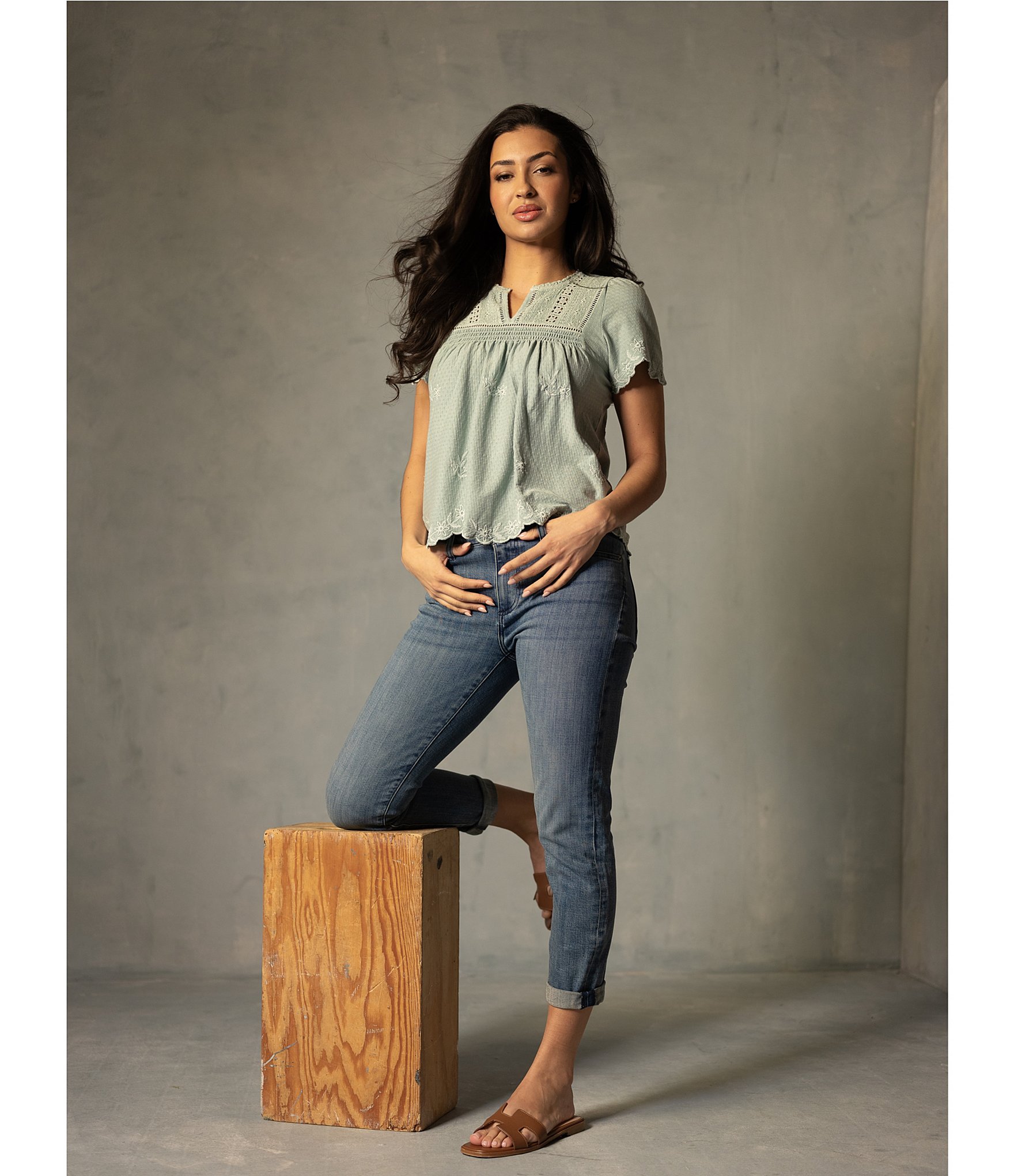 Lucky Brand Woven Split V-Neck Short Sleeve Tee
