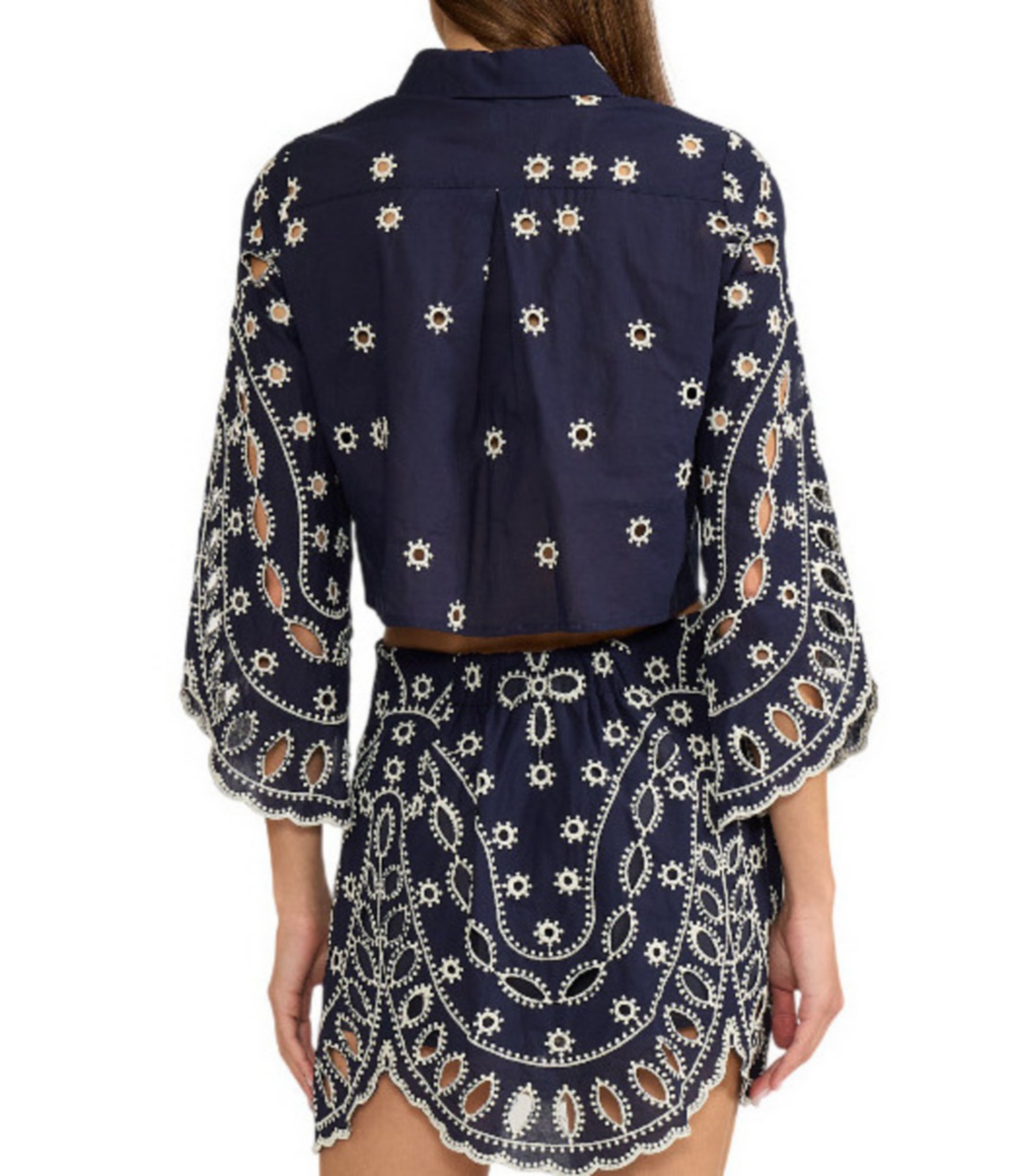 Lucy Paris Fallon Embroidered Eyelet Point Collar Long Sleeve Coordinating Button Front Top