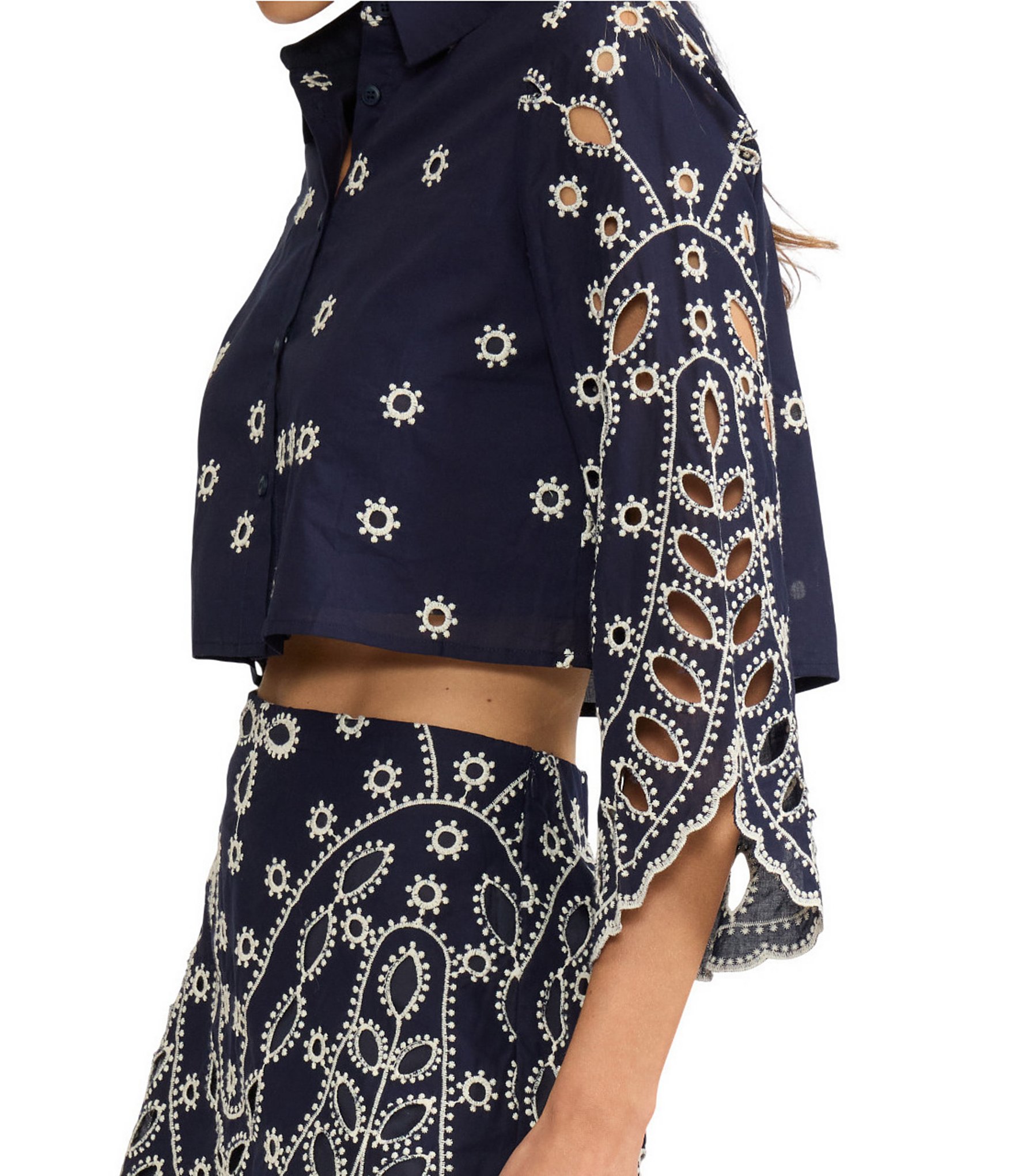 Lucy Paris Fallon Embroidered Eyelet Point Collar Long Sleeve Coordinating Button Front Top