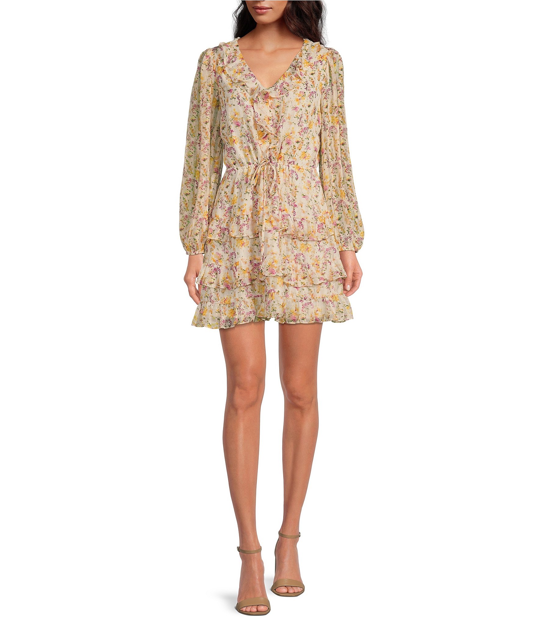 Lucy Paris Floral Print V-Neck Long Blouson Sleeve Mini Dress | Dillard's