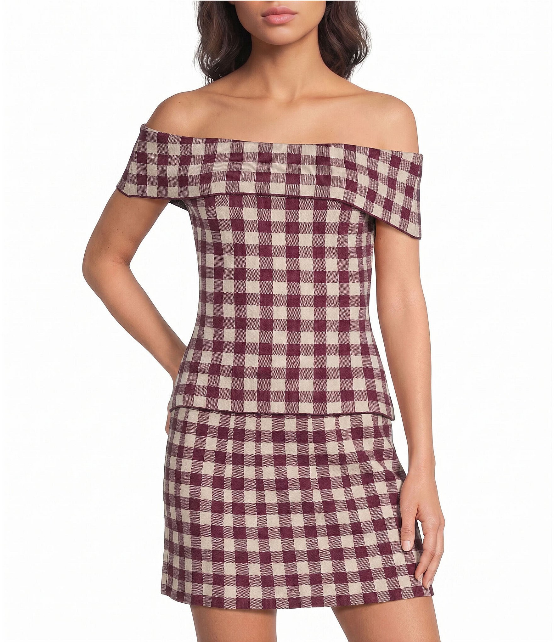Lucy Paris Illa Check Knit Off-The-Shoulder Coordinating Top