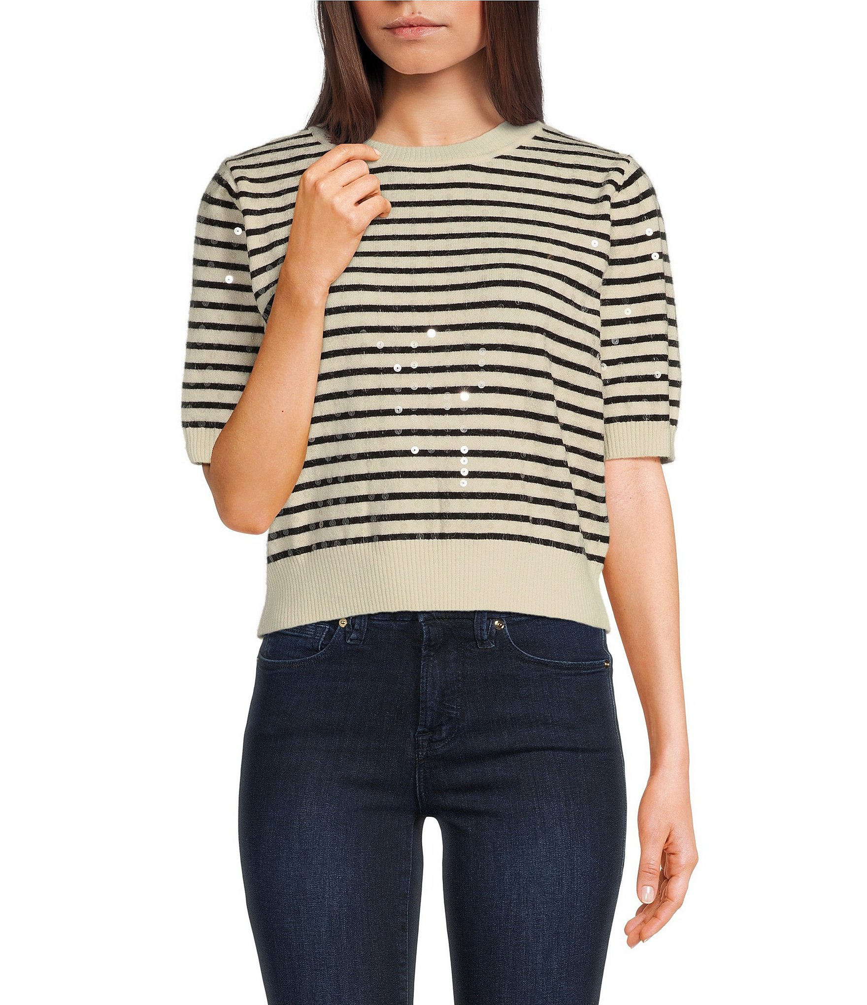 ブランド品専門の Jaslyn Paris Lucy Clear Short Neck Crew Print Stripe Sequin トップス