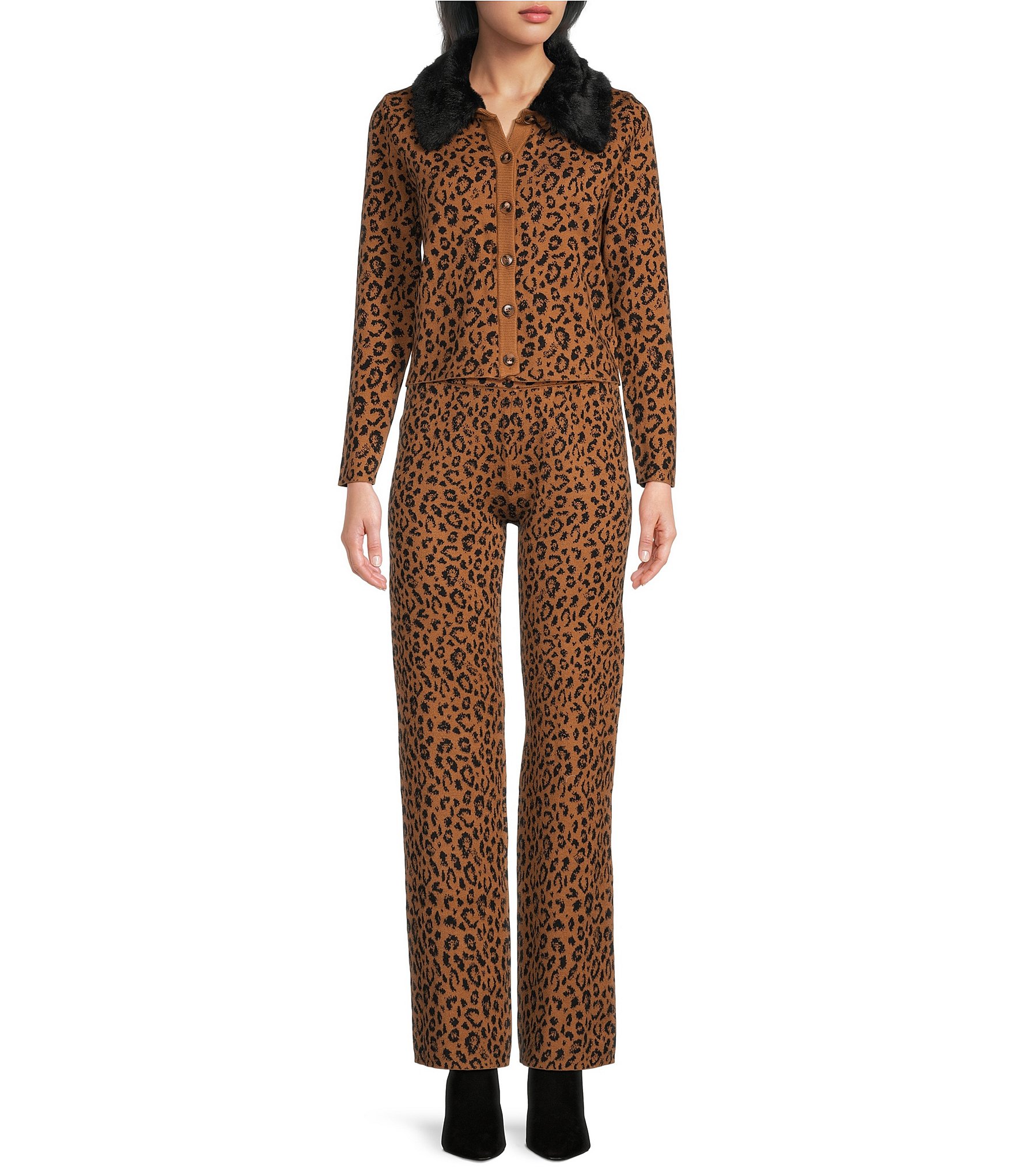 Lucy Paris Juju Leopard Printed Straight Leg Coordinating Knit Pants