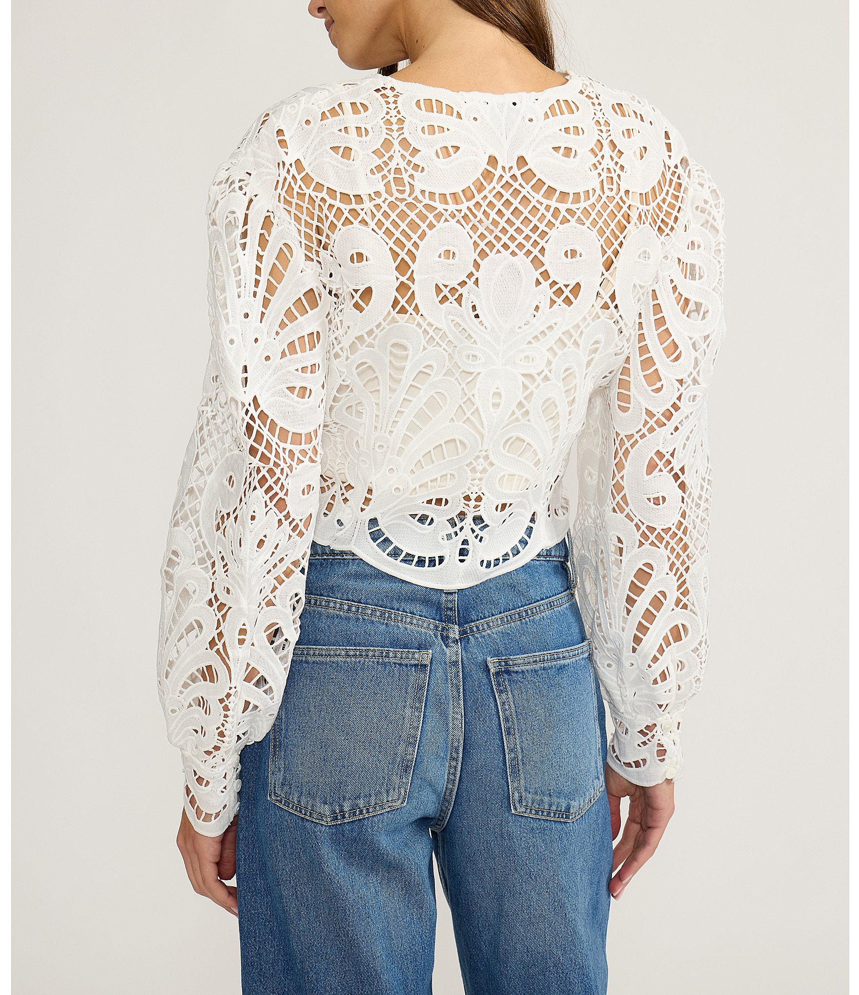 Lucy Paris Kathryn Eyelet Lace V-Neck Long Sleeve Button Front Top