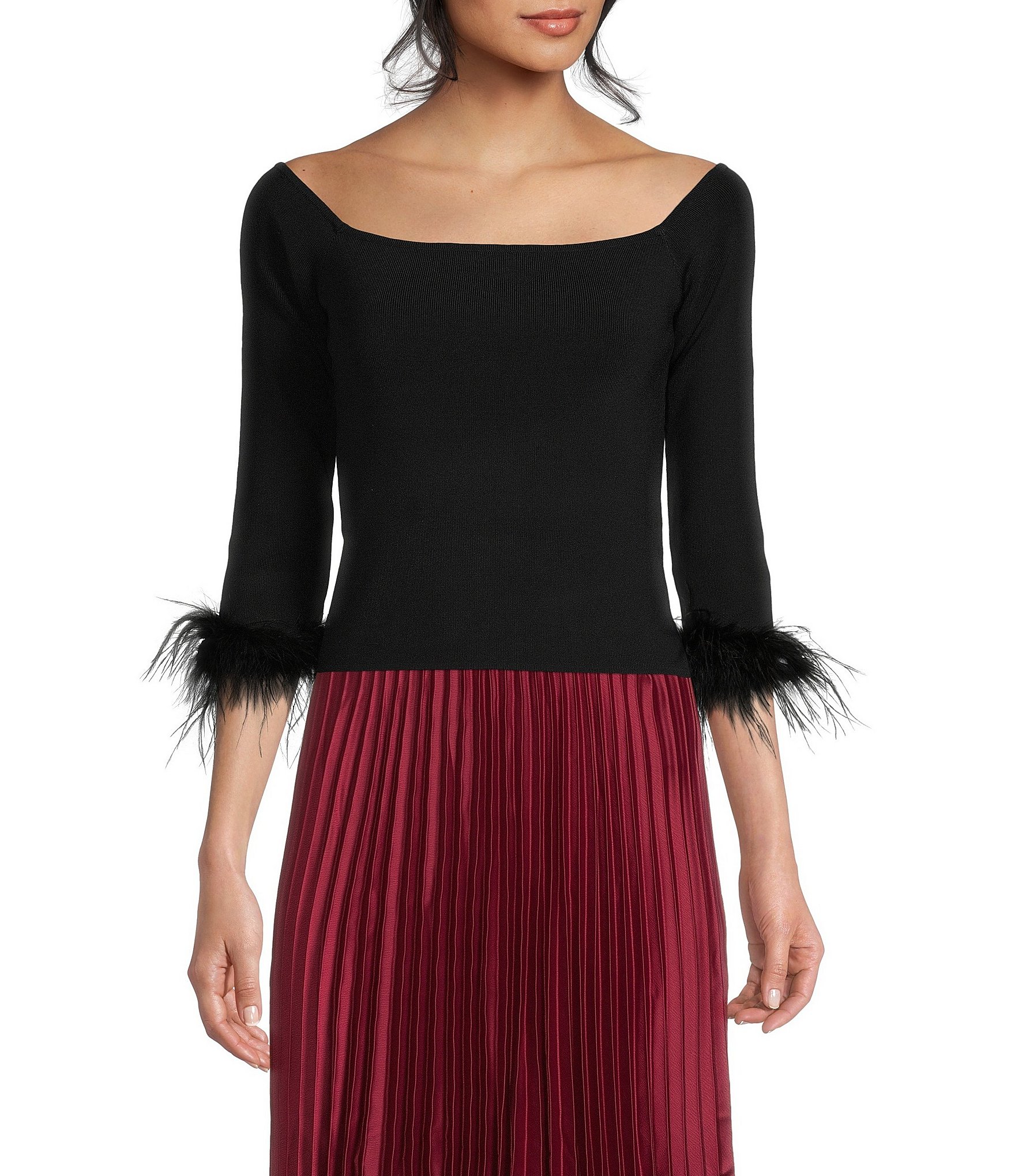 Lucy Paris Knit Boat Neck 3/4 Feather Cuff Sleeve Fitted Top | Dillard's