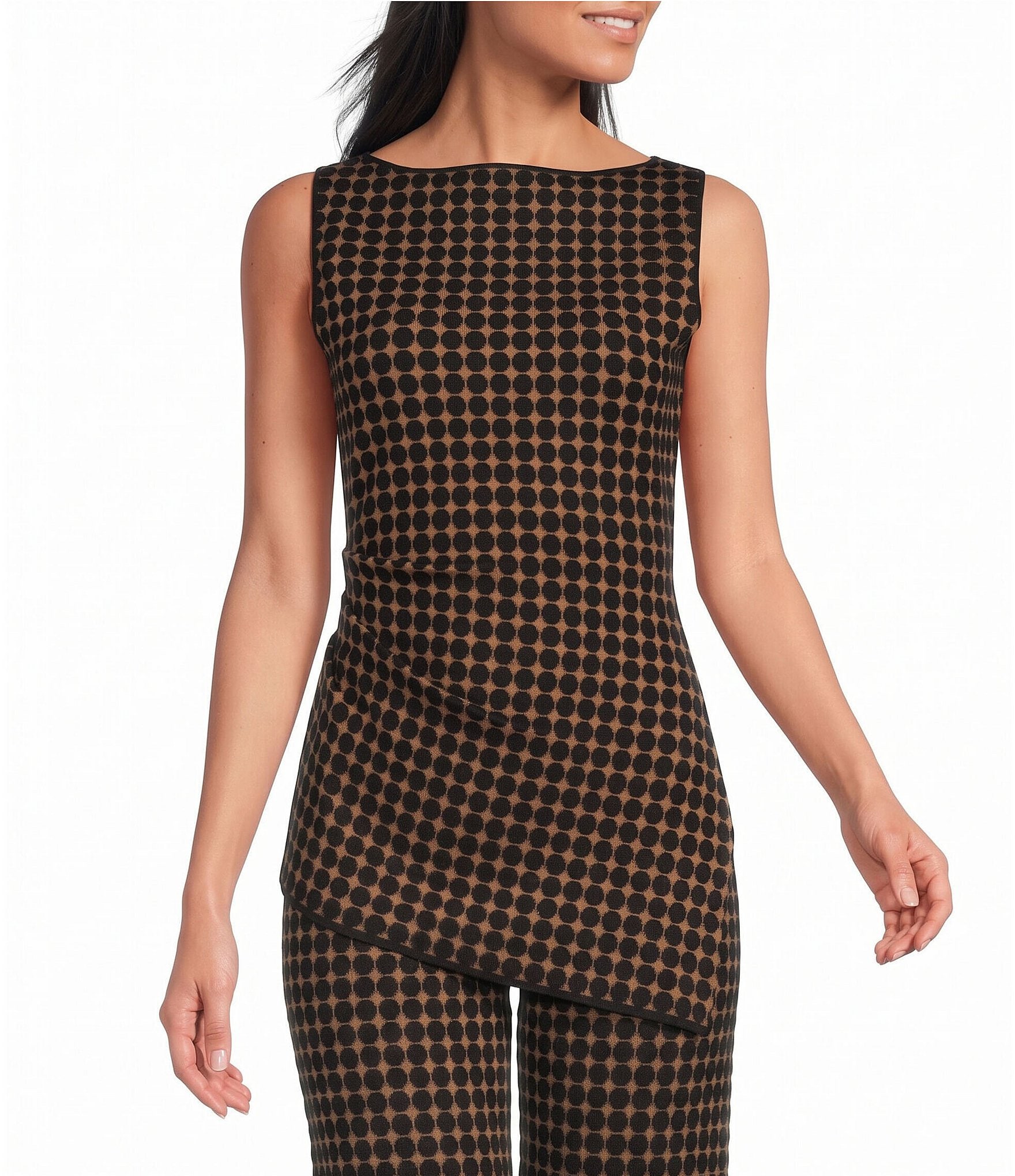 Lucy Paris Mia Dot Patterned Boat Neck Sleeveless Asymmetric Hem Coordinating Knit Top