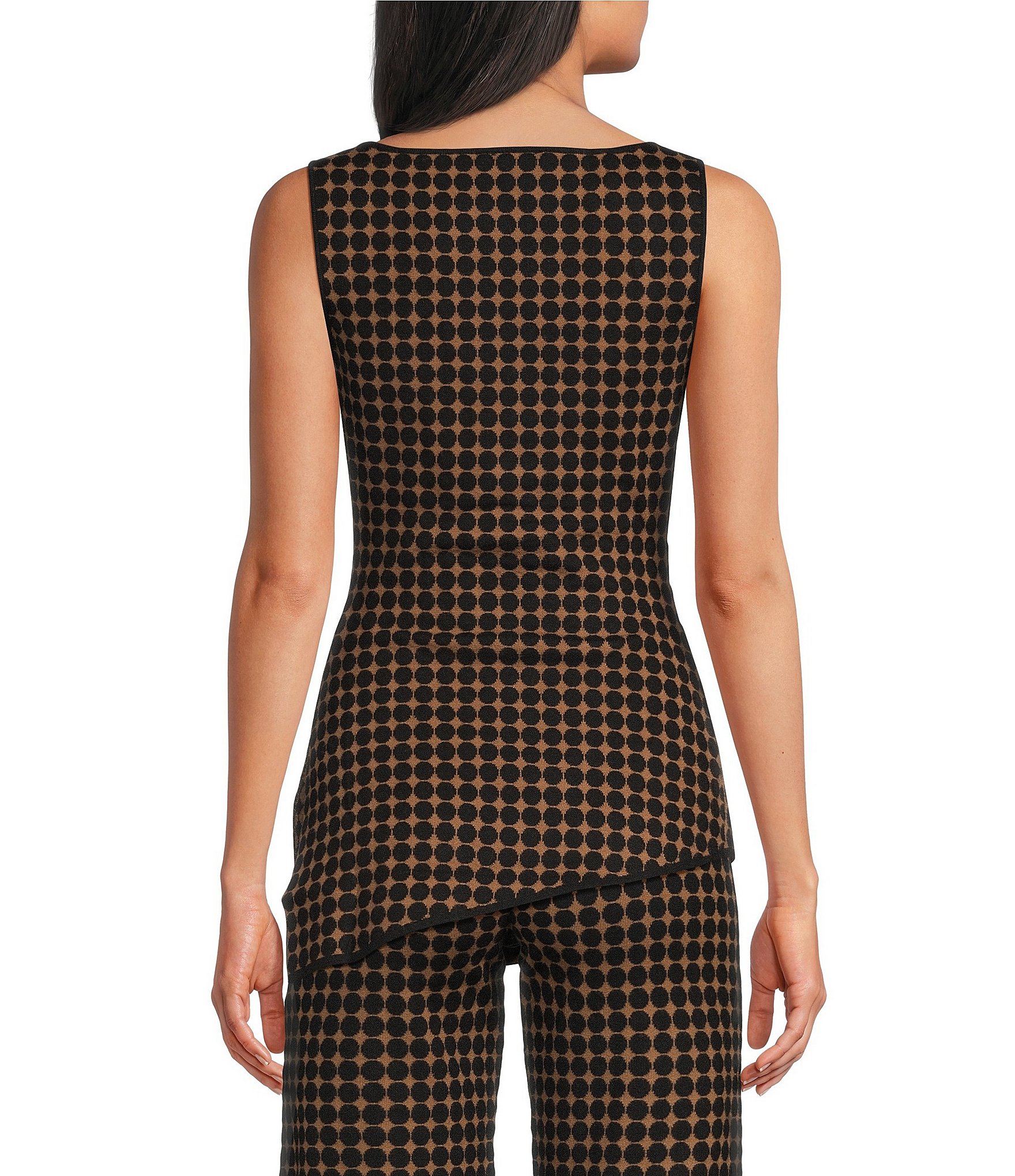 Lucy Paris Mia Dot Patterned Boat Neck Sleeveless Asymmetric Hem Coordinating Knit Top