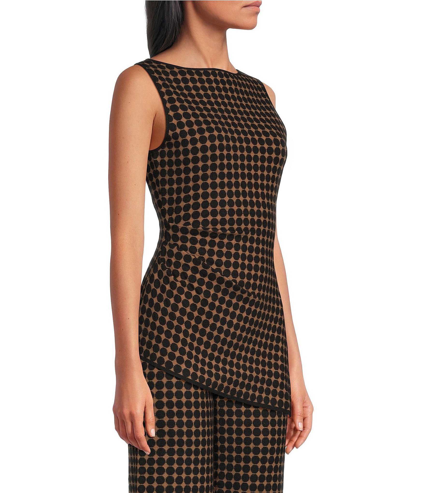 Lucy Paris Mia Dot Patterned Boat Neck Sleeveless Asymmetric Hem Coordinating Knit Top