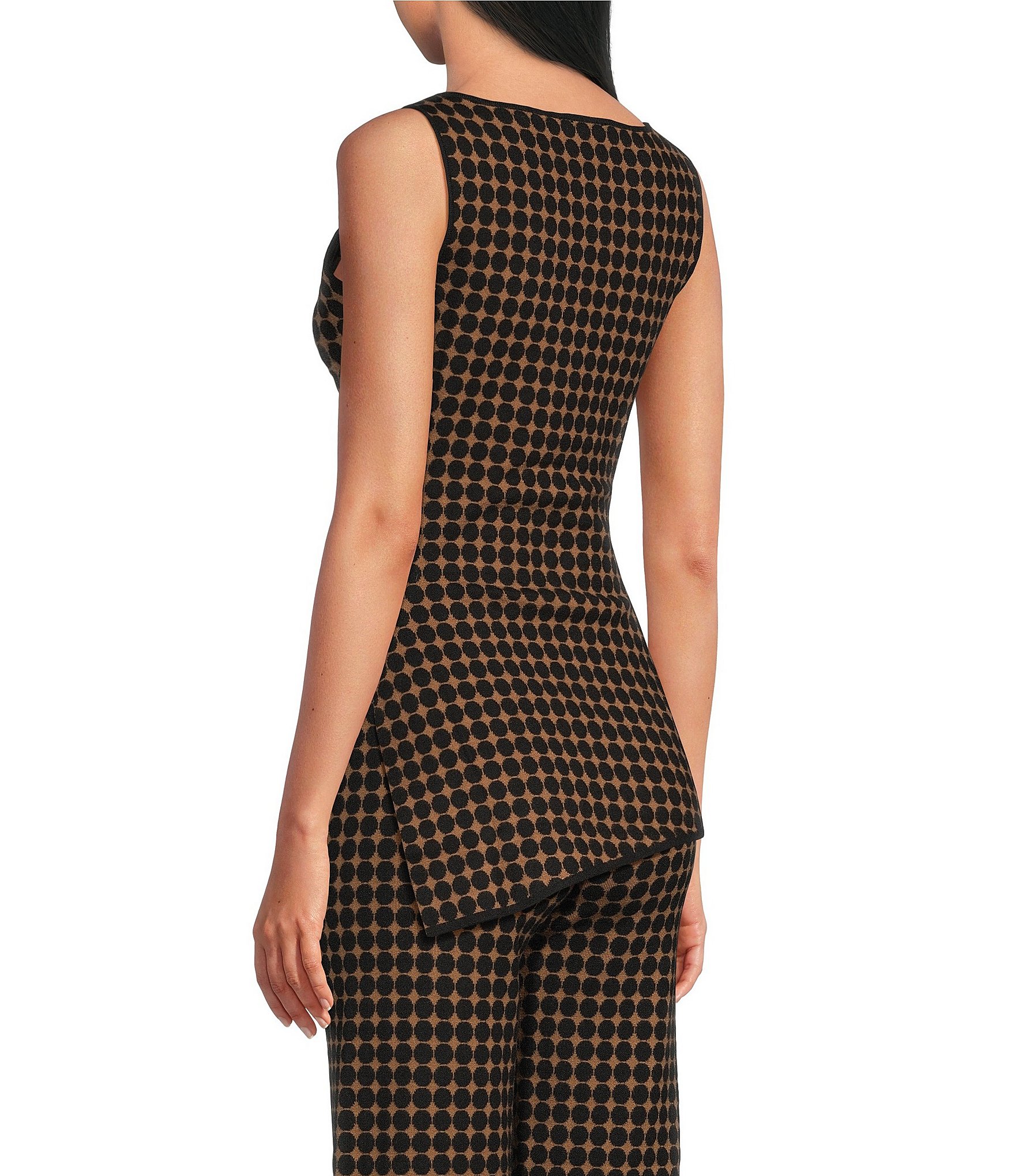 Lucy Paris Mia Dot Patterned Boat Neck Sleeveless Asymmetric Hem Coordinating Knit Top