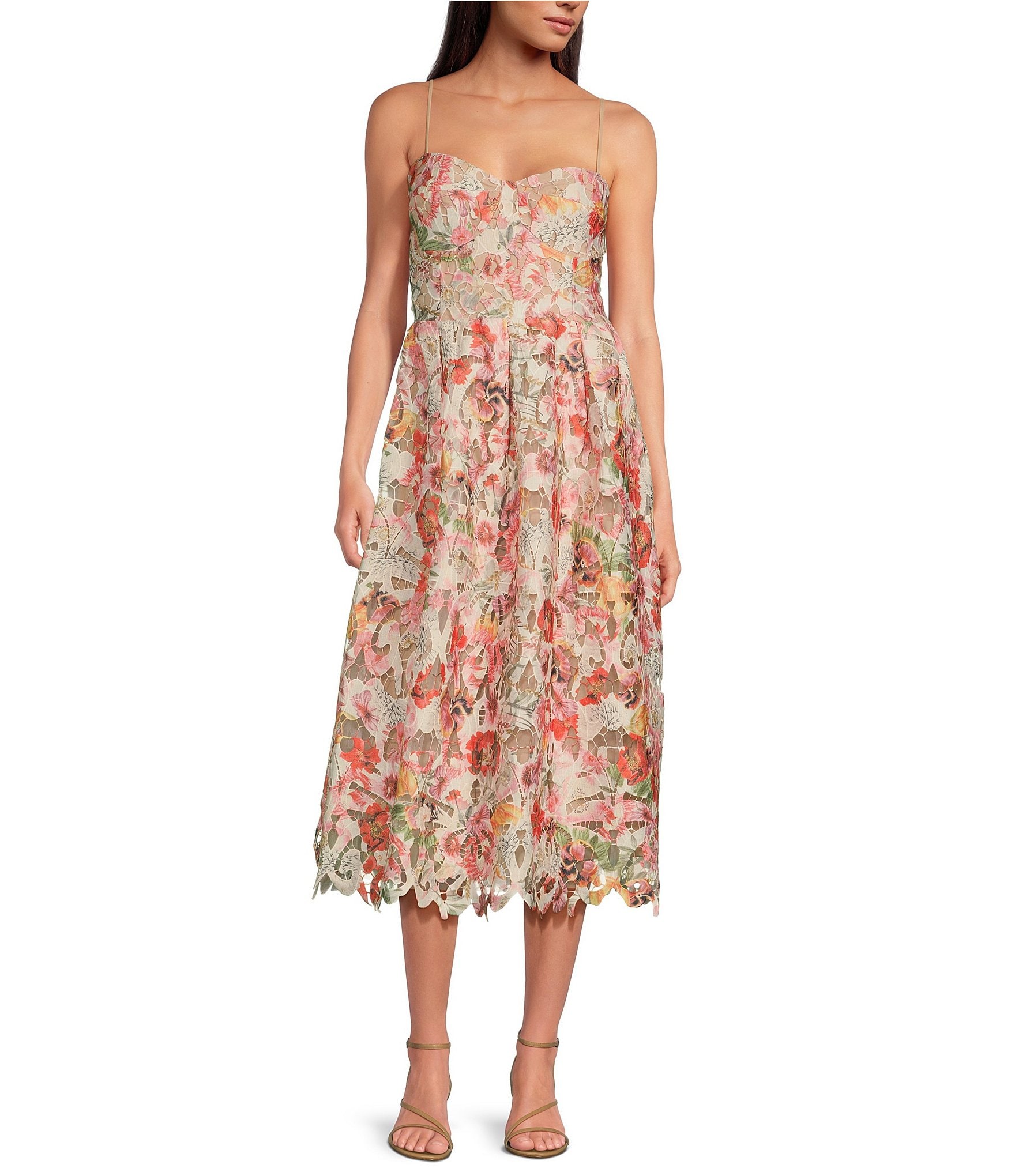 Lucy Paris Mona Lace Floral Print Sweetheart Neck Sleeveless Midi 