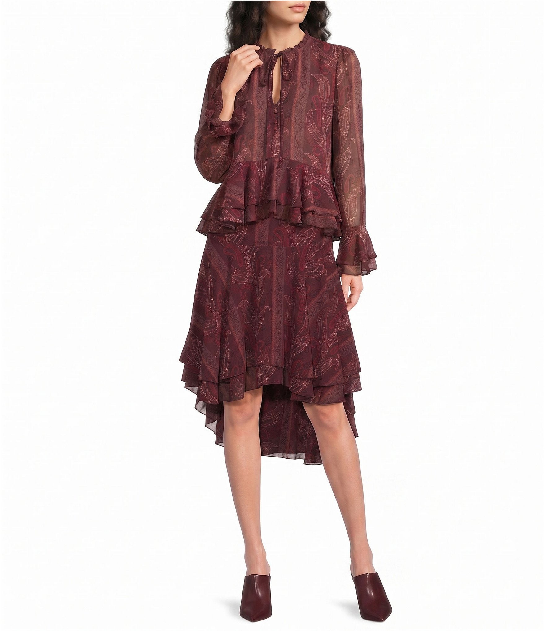 Lucy Paris Paisley Print Ruffle Keyhole Neck Long Sleeve Coordinating Top