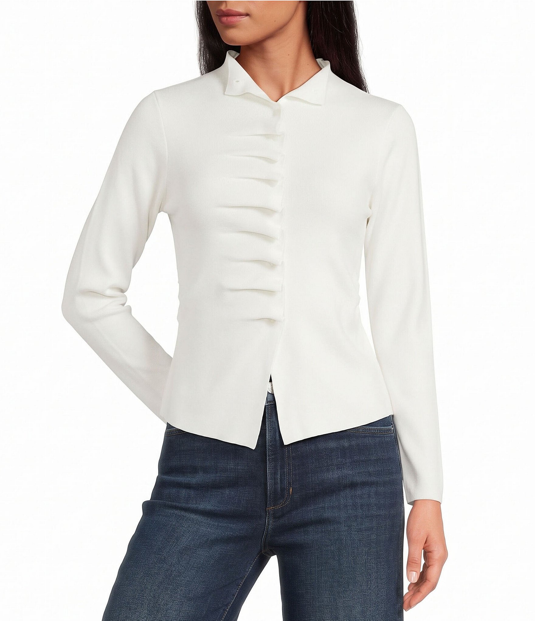Lucy Paris Petite Size Bridge Ruffle Mock Neck Long Sleeve Button Front Sweater