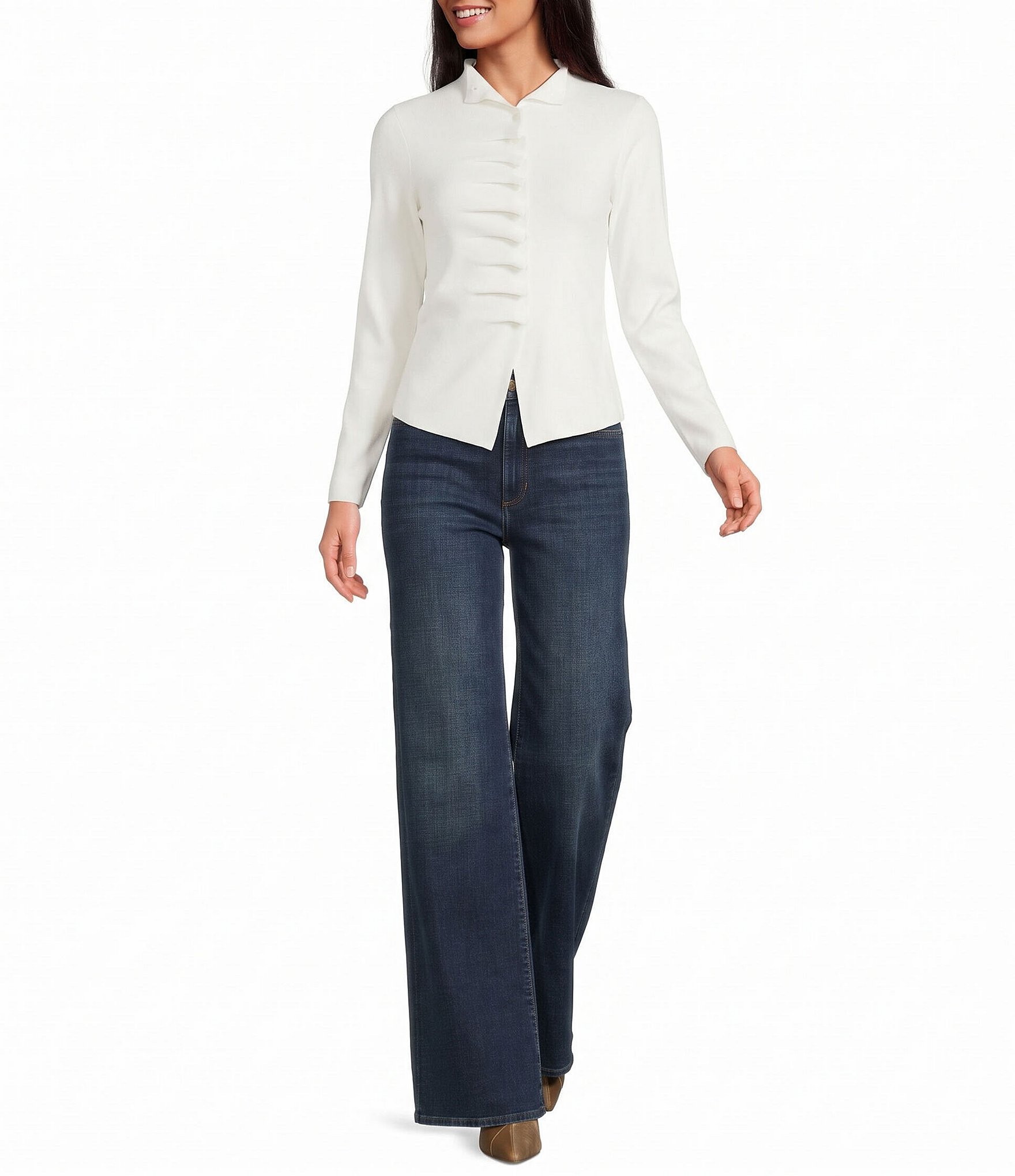Lucy Paris Petite Size Bridge Ruffle Mock Neck Long Sleeve Button Front Sweater