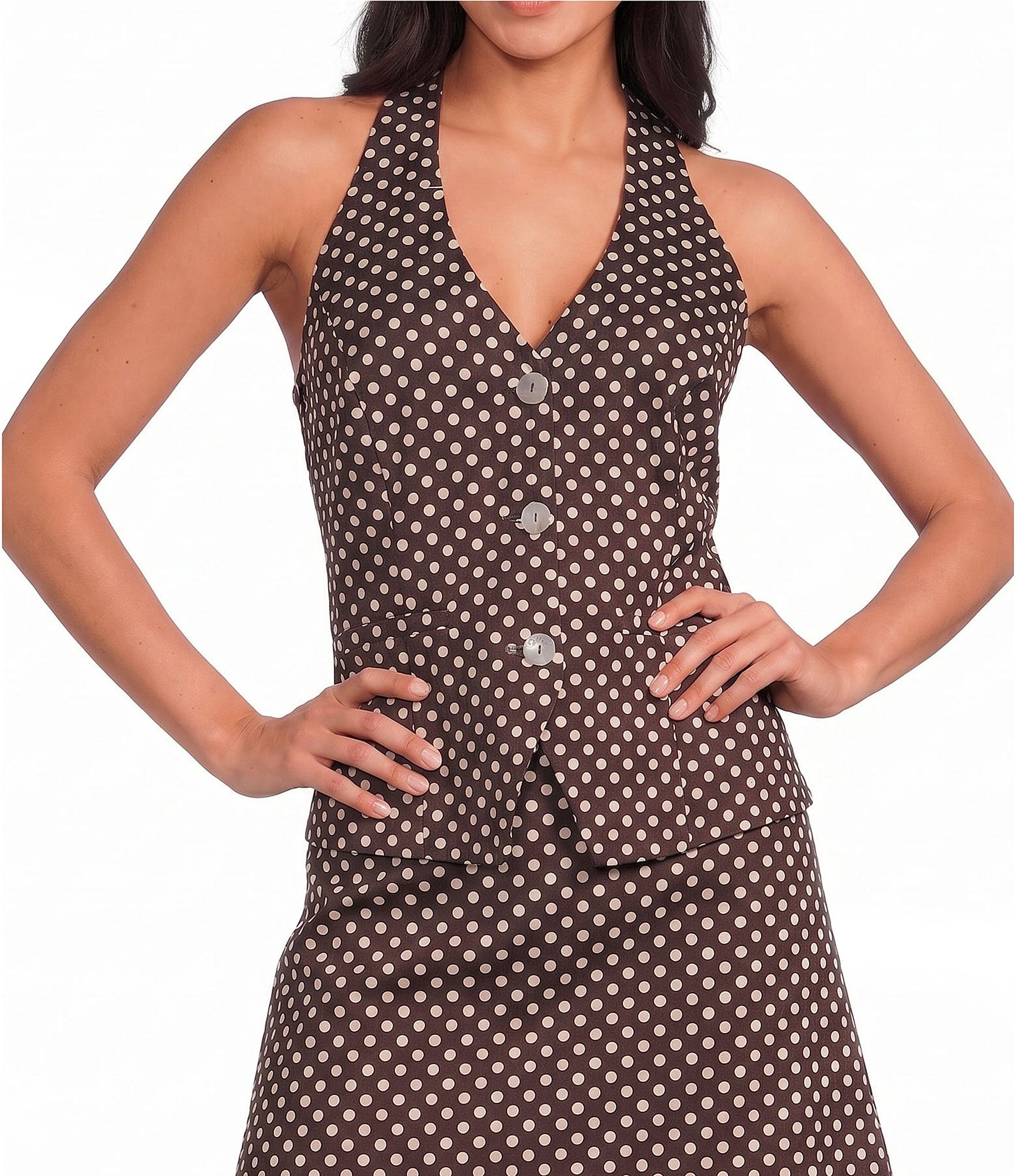 Lucy Paris Petite Size Lea Polka Dot Halter V-Neck Sleeveless Coordinating Vest Top