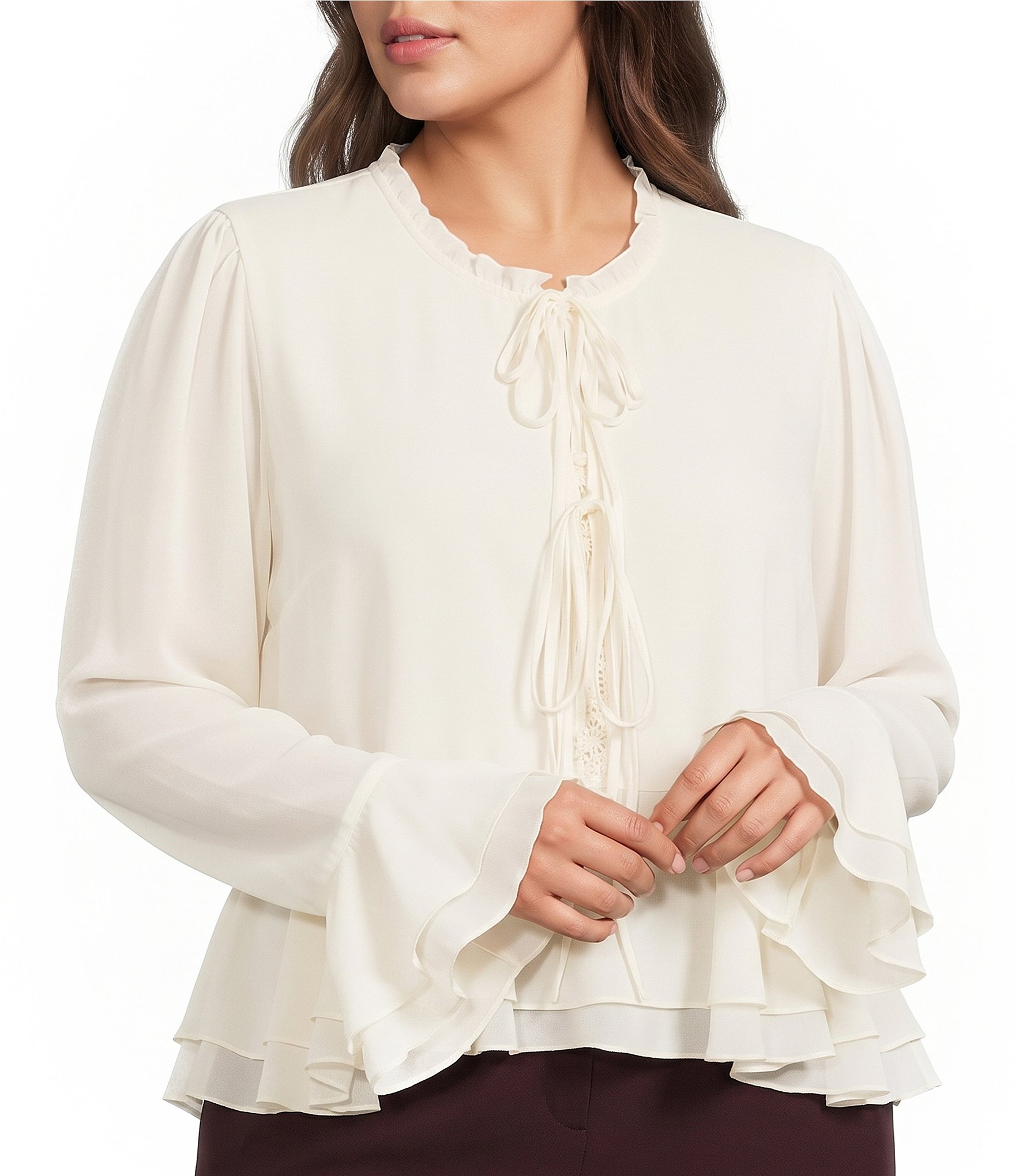 Lucy Paris Plus Size Donna Round Neck Tie Front Long Sleeve Top