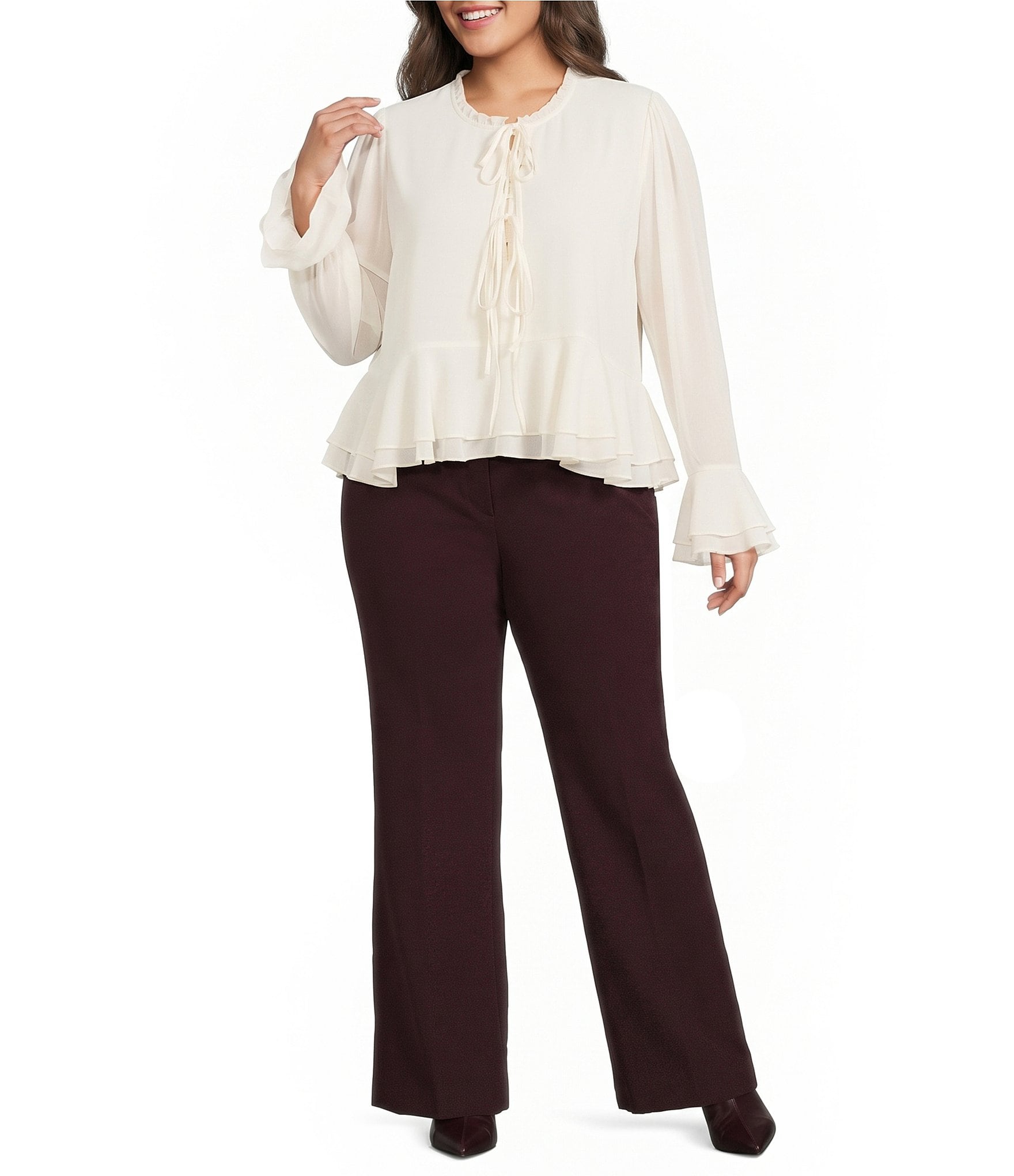 Lucy Paris Plus Size Donna Round Neck Tie Front Long Sleeve Top