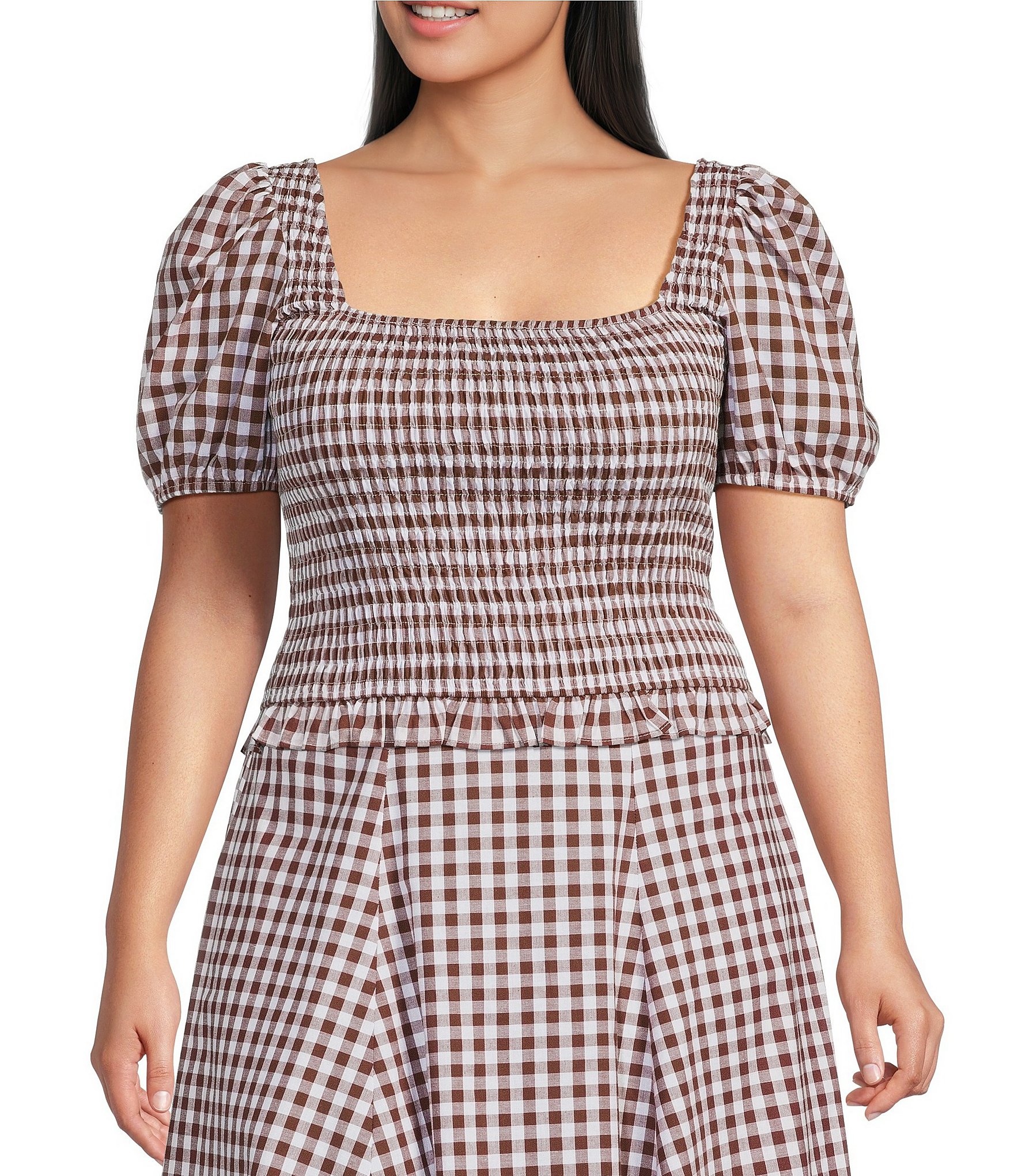 Lucy Paris Plus Size Kit Gingham Print Square Neck Short Sleeve Smocked Coordinating Top