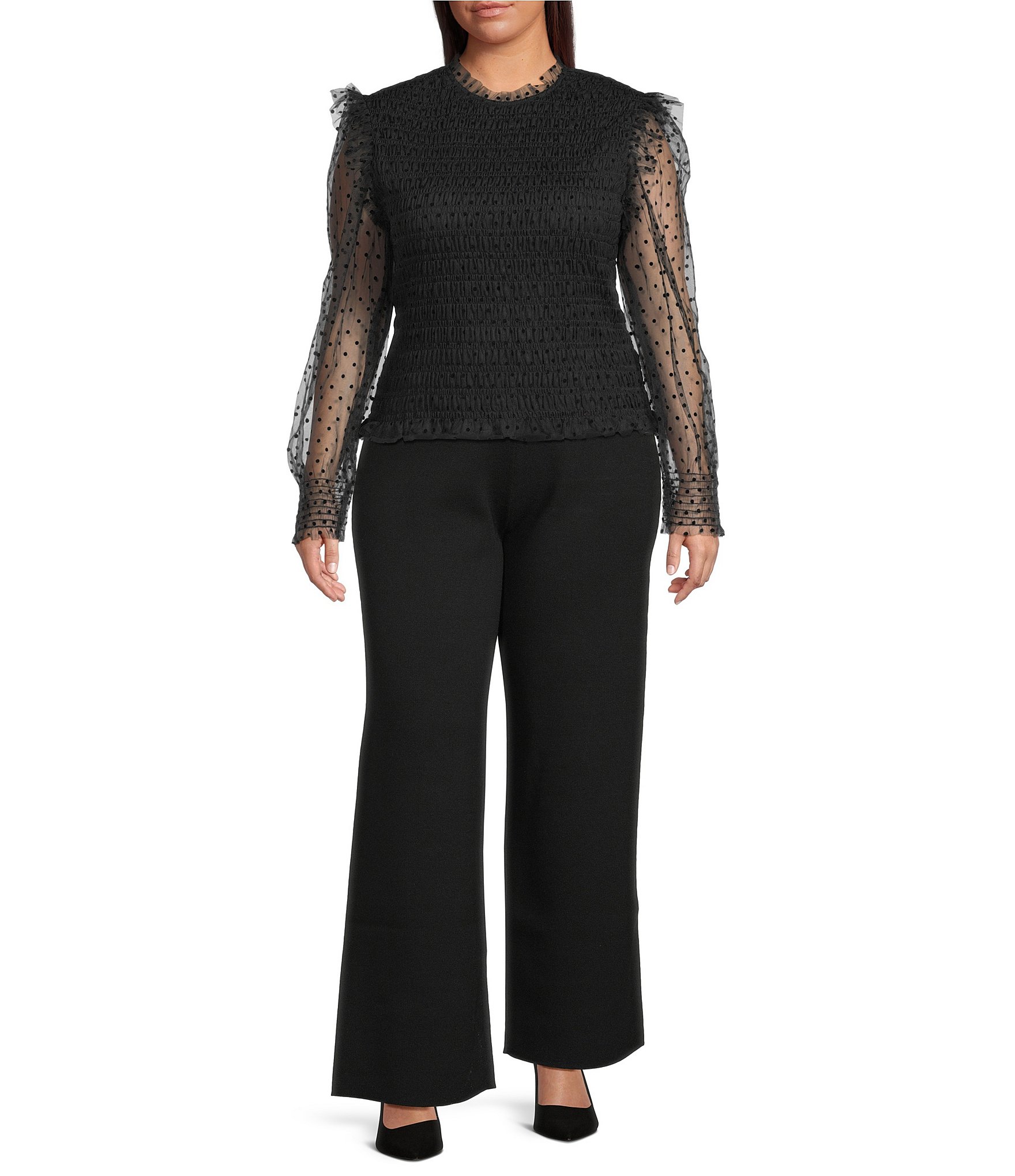 Lucy Paris Plus Size Tasha Mock Neck Flocked Long Sleeve Smocked Top