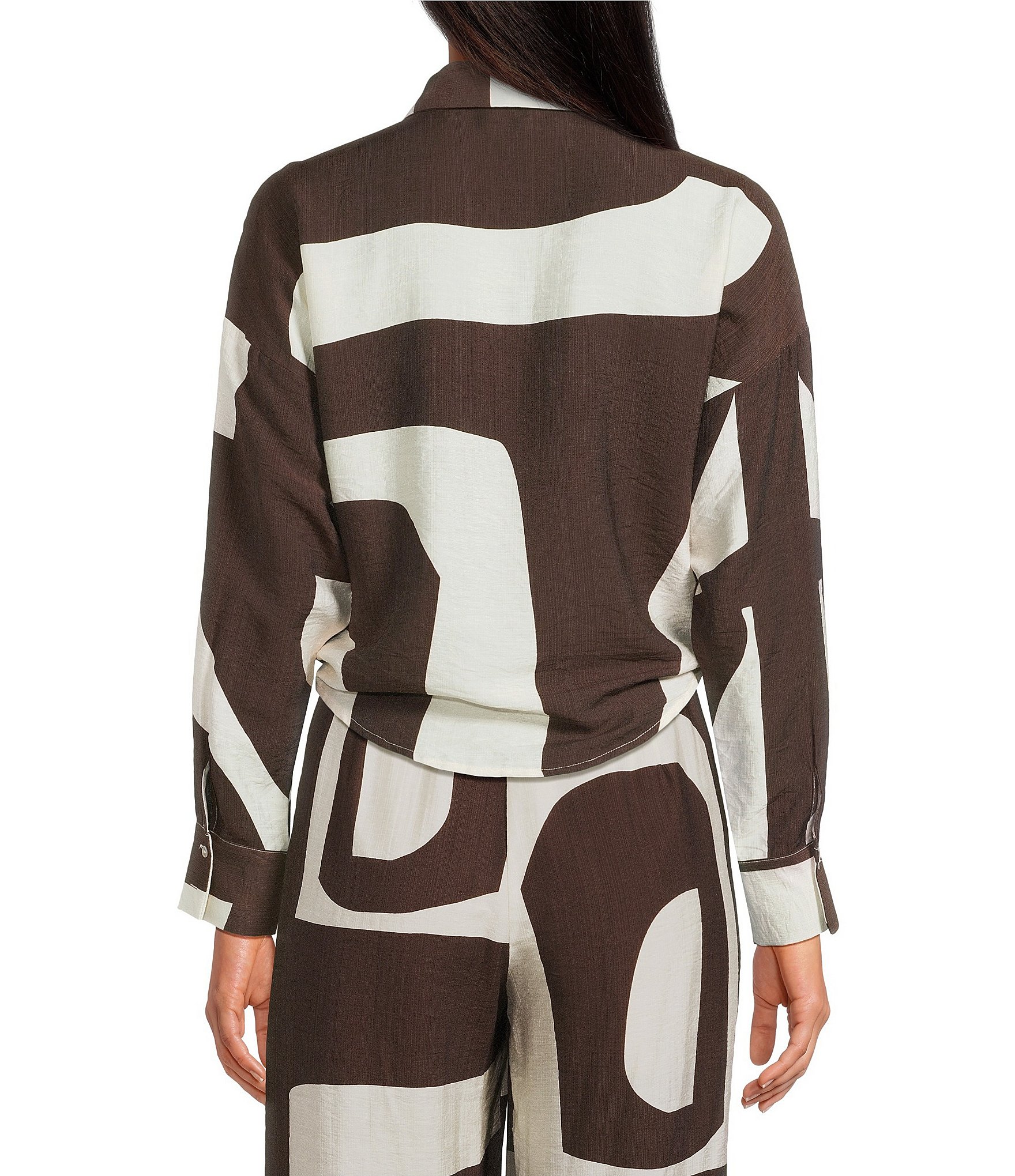 Lucy Paris Rue Printed Collared Long Sleeve Coordinating Button Front Tie Top