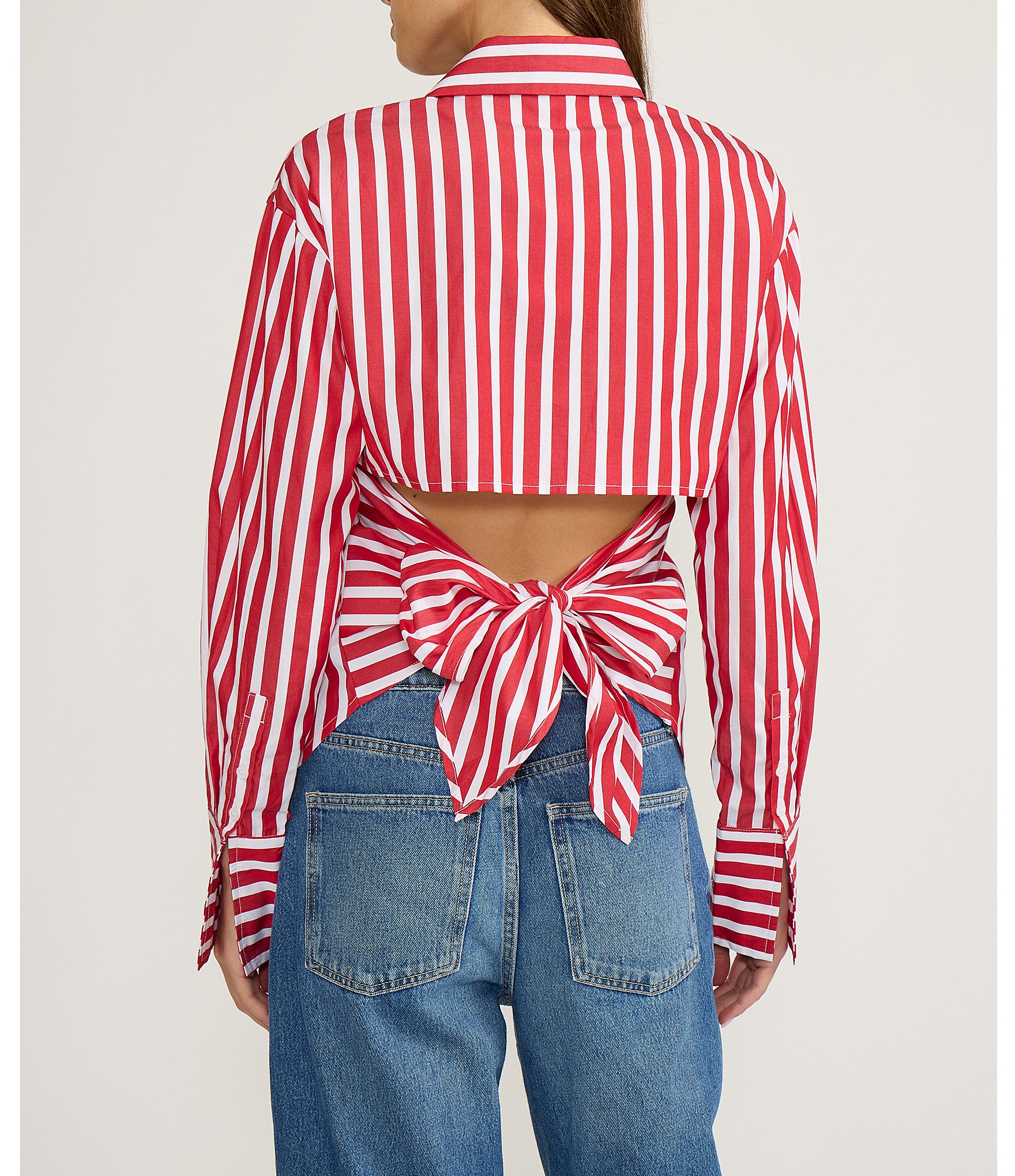 Lucy Paris Simone Stripe Print Point Collar Long Sleeve Open Tie Back Coordinating Button Front Top