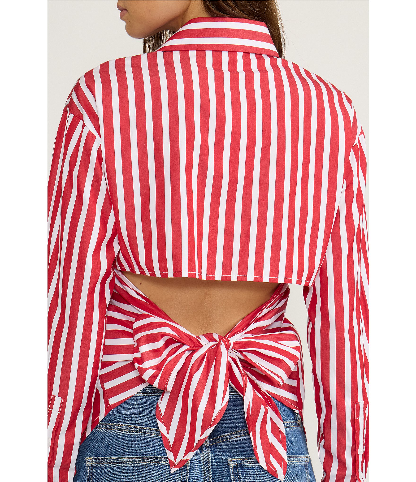 Lucy Paris Simone Stripe Print Point Collar Long Sleeve Open Tie Back Coordinating Button Front Top